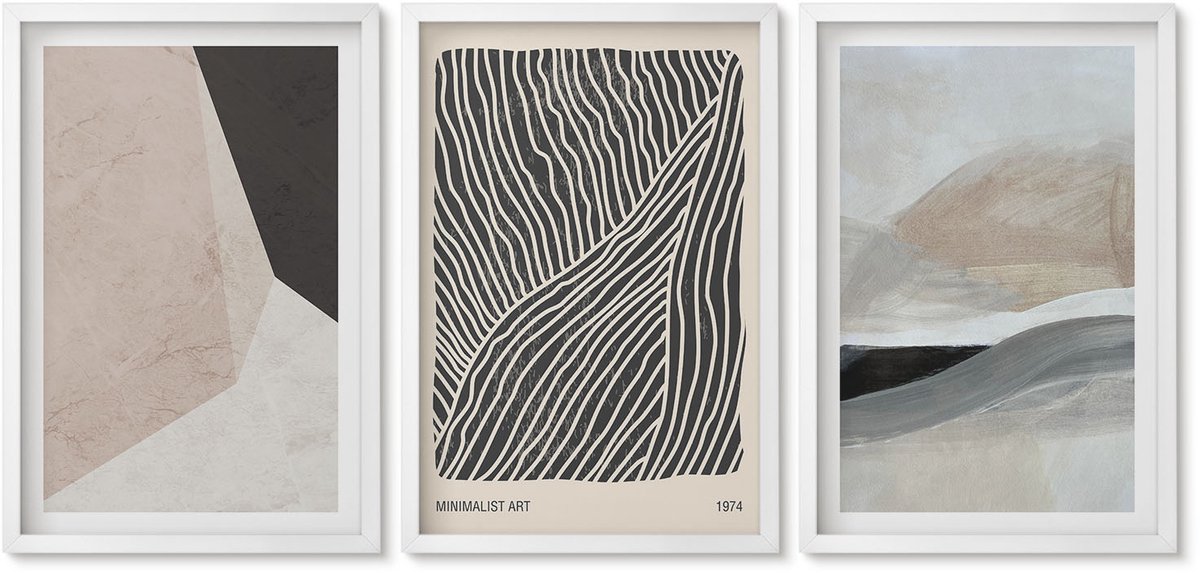 Wallfluent 3-Delige Schilderij Set - Abstracte Patronen In Beige En Grijze Tinten. - 40 x 60 - Muurdecoratie - Wanddecoratie - Slaapkamer