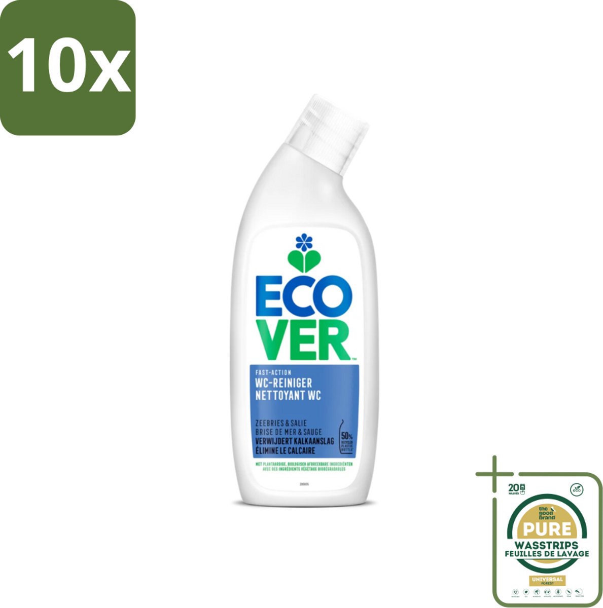 10 x Ecover - Toiletreiniger - Zeebries & Salie - 750 ml - Grootverpakking - Toiletreiniger - Zeebries - Salie - Natuurlijke Geur - Plantaardige Reiniging