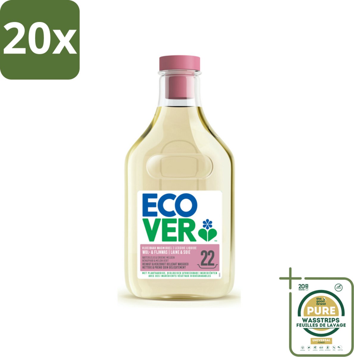 20 x Ecover - Vloeibaar wasmiddel - Wol & Fijnwas - 1 liter - 22 wasbeurten - Grootverpakking - Wasmiddel Wol - Fijnwas - Zachte Was - Delicate Stoffen - Biologisch Afbreekbaar