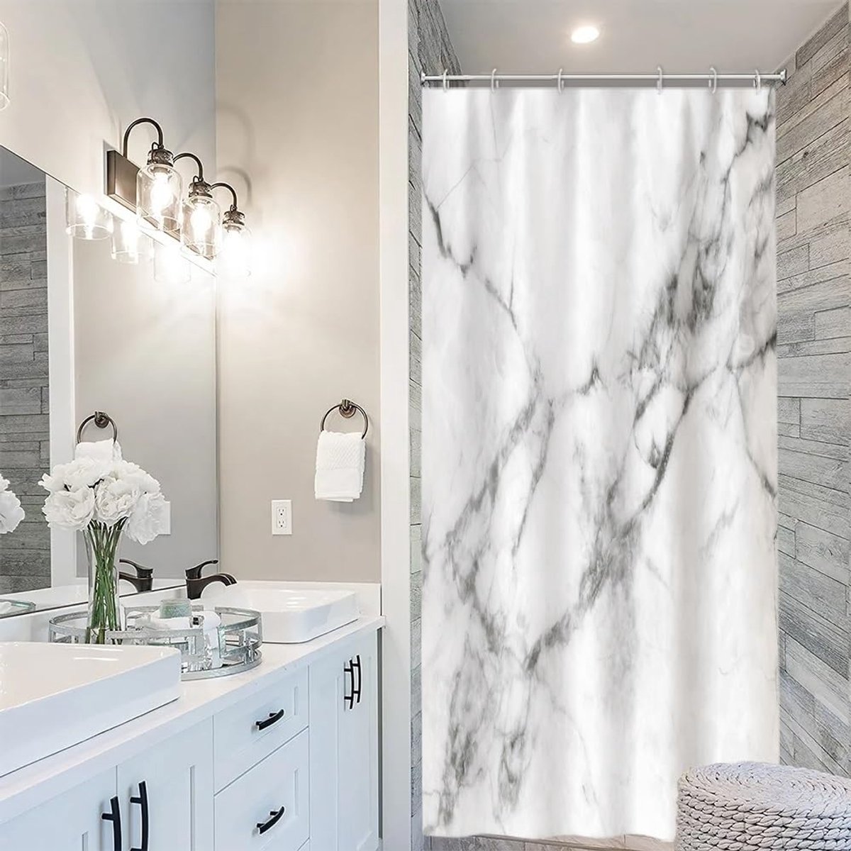 Douchegordijn 90x180 cm - Witte Marmer Effect - Schimmelbestendig - Waterdicht en Wasbaar - ShopVlot