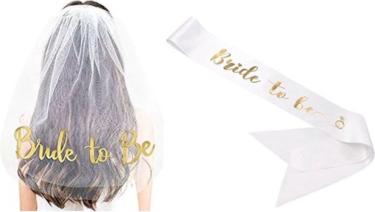 Heble - Bride-to-Be Veil & Sash - White & Gold - Bachelorette Party Articles - ShopVlot