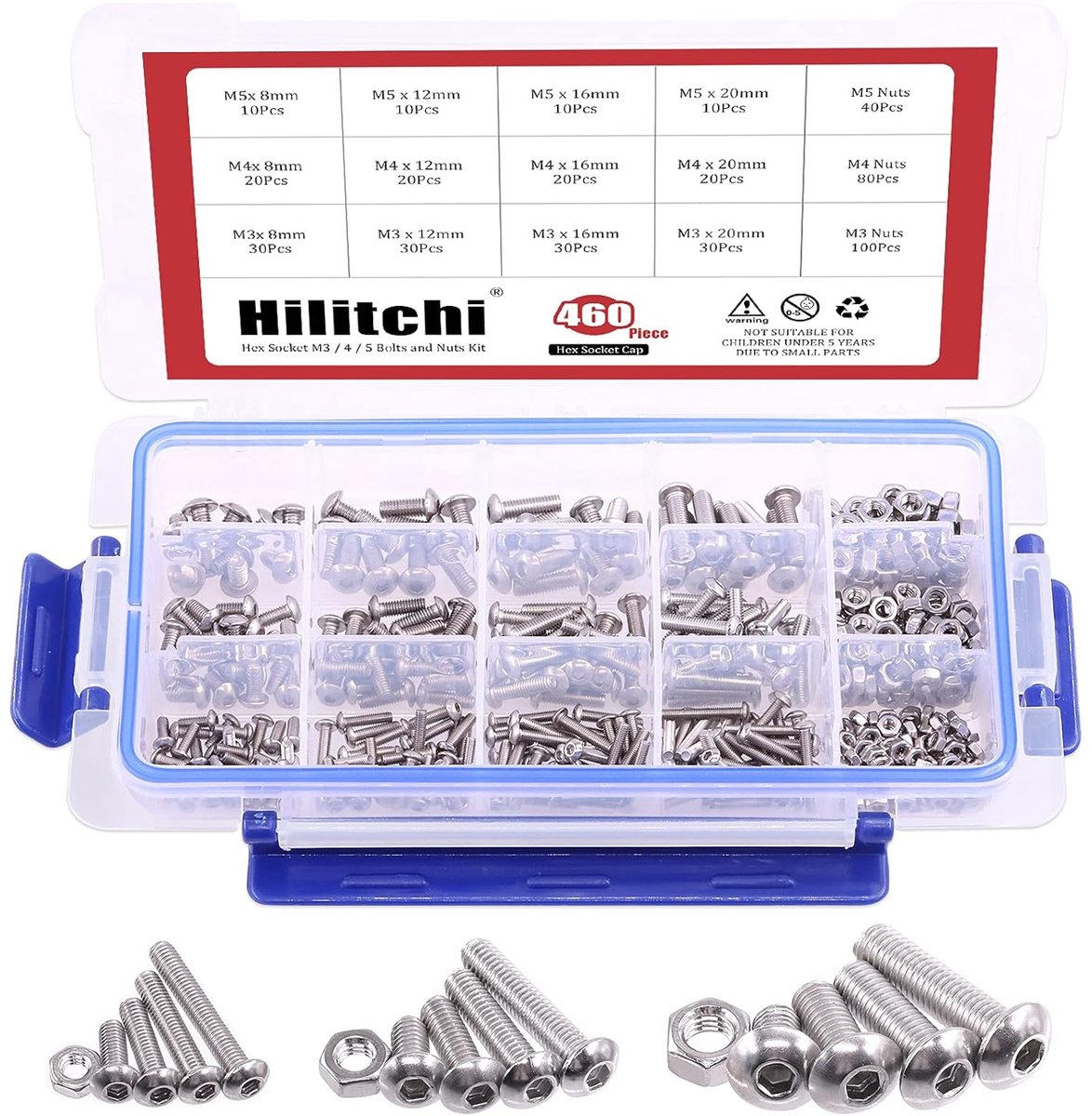 Hilitchi 460-Piece M3 M4 M5 Stainless Steel Knob Head Hex Socket Head Cap Bolts Screws Nuts Assortment Kit - ShopVlot