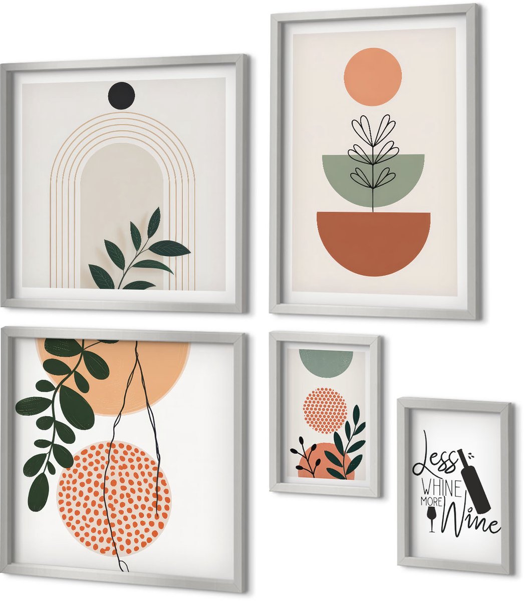 Coloray 5-Delige Schilderij Set - Abstracte Vormen Met Kleurrijke Plantmotieven - 20 x 30 cm - Moderne Wanddecoratie - Woonkamer - Interieur Decoratie Zilveren lijst
