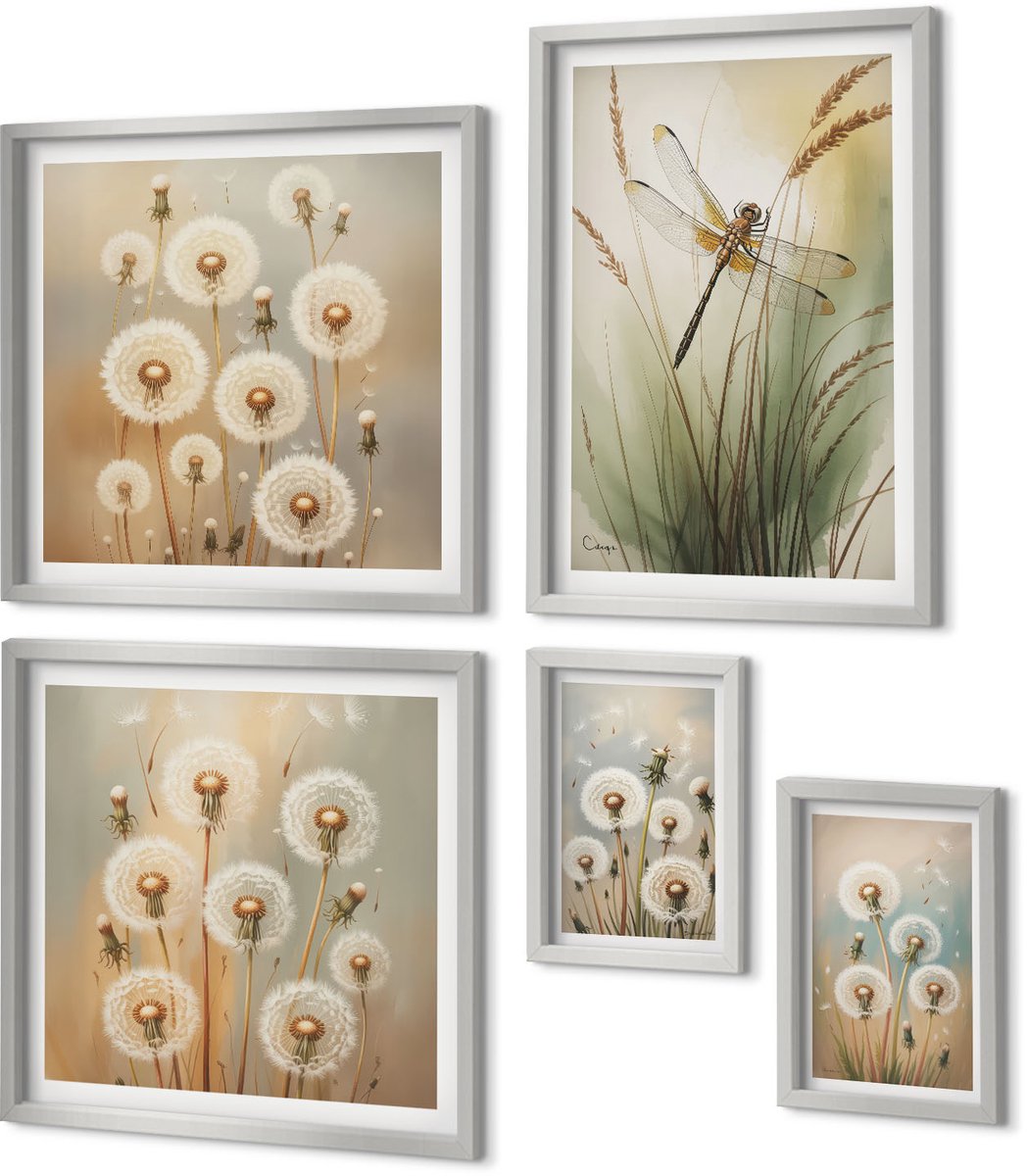 Coloray 5-Delige Schilderij Set - Witte Paardenbloemen Op Een Achtergrond Van Lichte Kleuren. - 20 x 30 cm - Muurdecoratie - Interieur Decoratie
