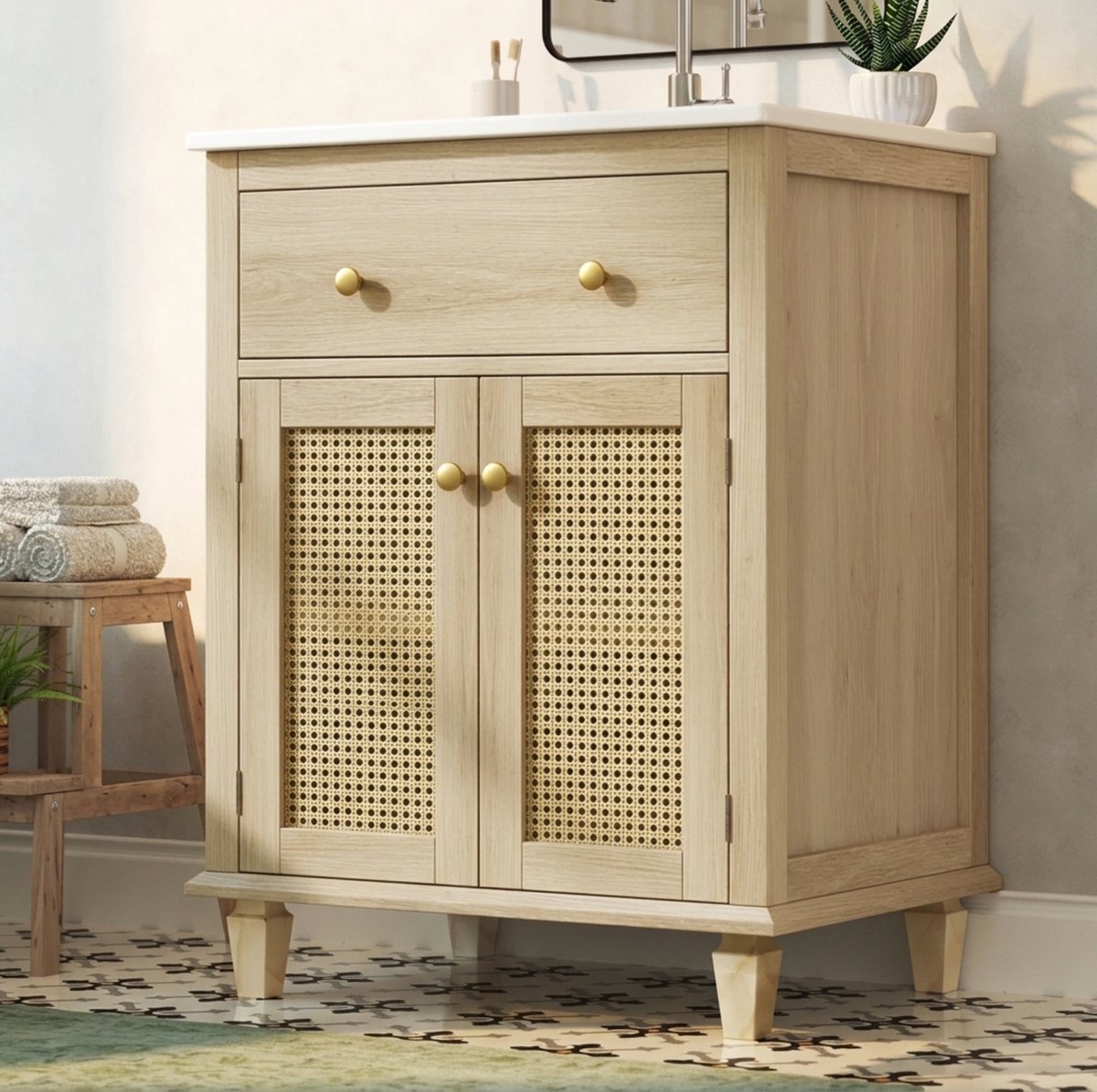 MIVRAY Badmeubel - Met Opklaplade En Ademende Rattan Deuren - Voor Badkamer Opbergruimte - MDF En Keramiek - 61x47x87 Cm
