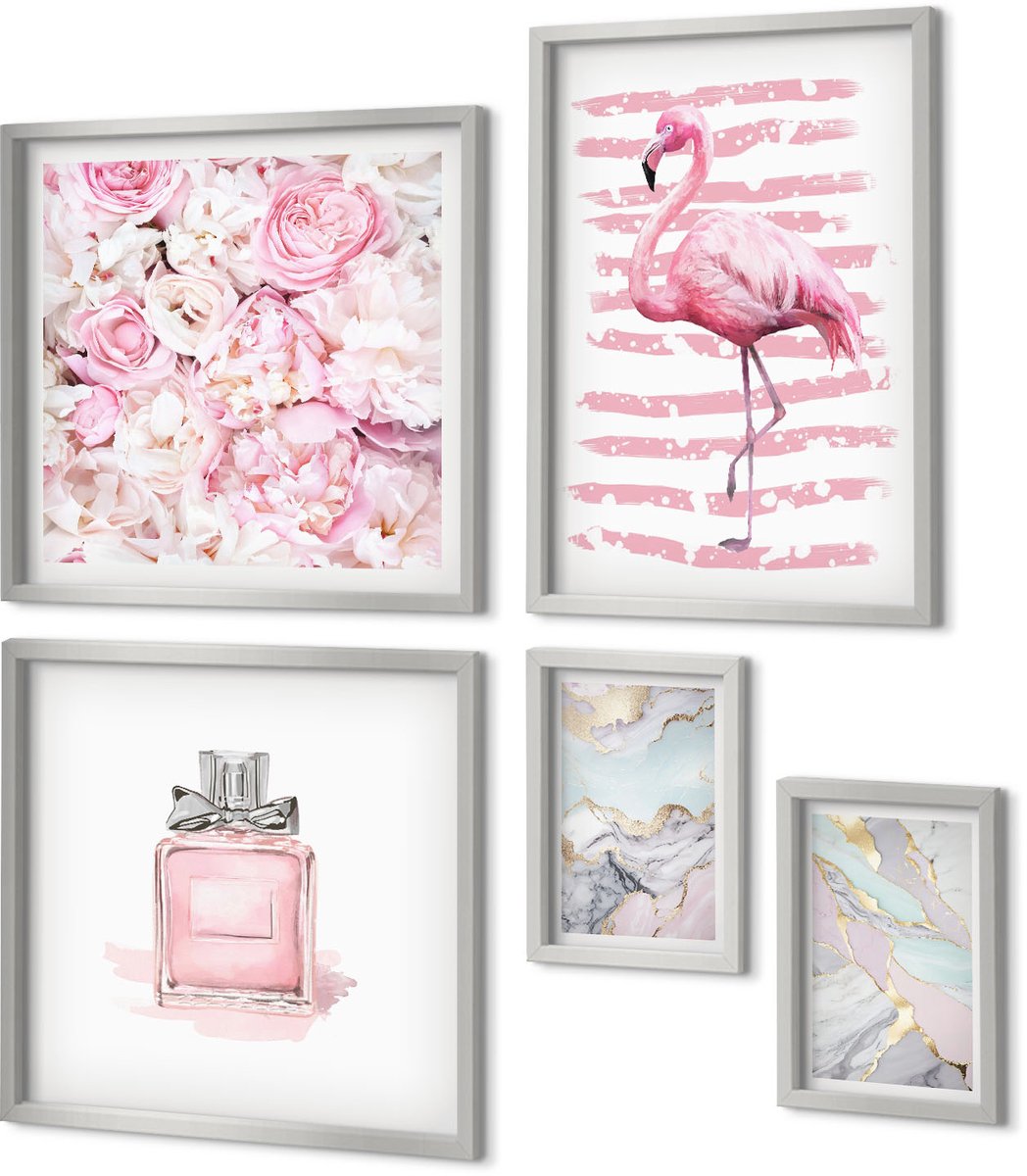 Coloray 5-Delige Schilderij Set - Roze Bloemen Met Marmer- En Pastelpatronen - 20 x 30 cm - Muurdecoratie - Schilderijen Set - Woonkamer - Stijlvolle Muurdecoratie