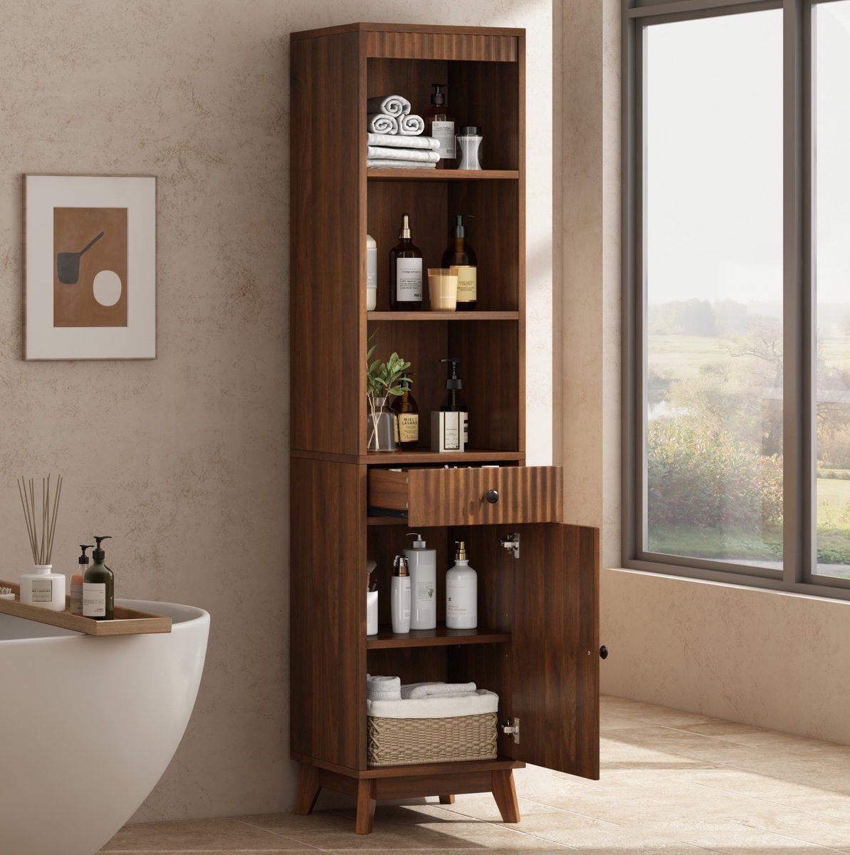 MIVRAY Badkamerkast - Vrijstaande Hoge Kast Met Omkeerbare Deur En Soft-Close - Voor Badkamer Opbergruimte - MDF - Walnoot - 40x36x172 Cm
