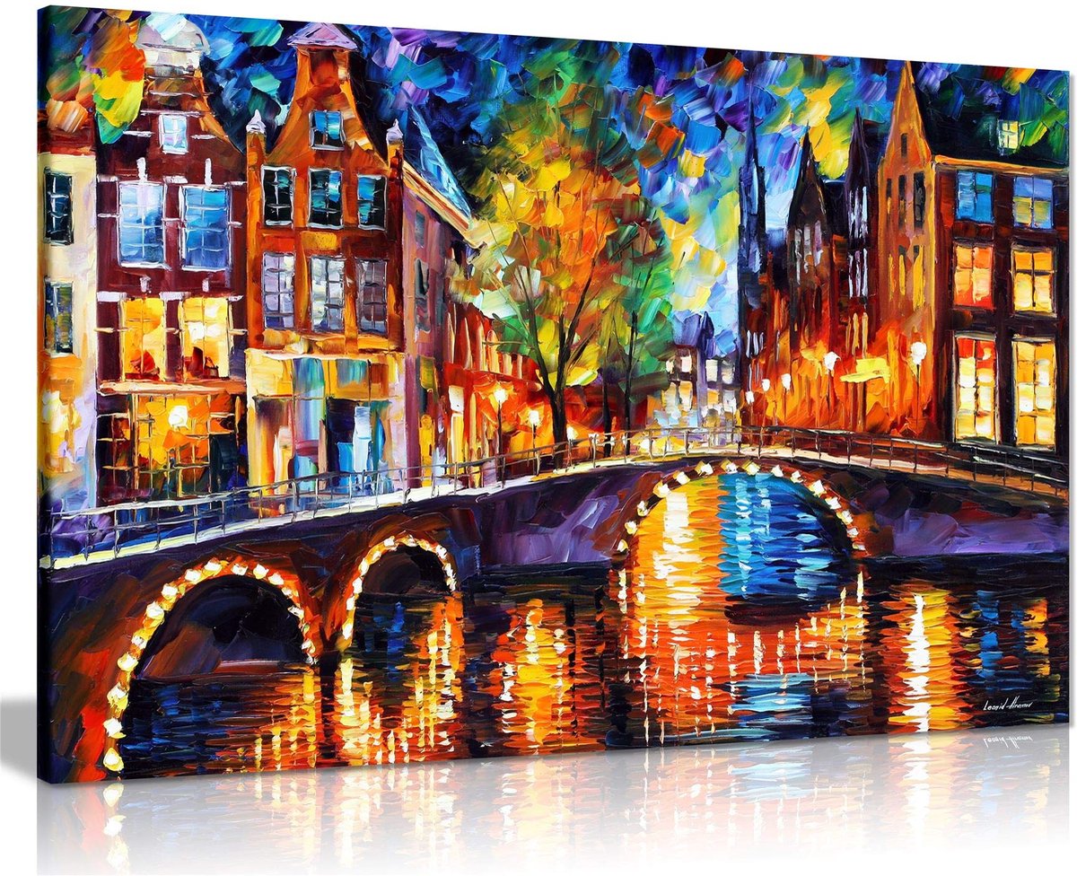 Famanu – Olieverfschilderij op canvas, abstracte kunst voor woonkamer en woondecoratie, The Bridges of Amsterdam, afmetingen 91 x 61 cm