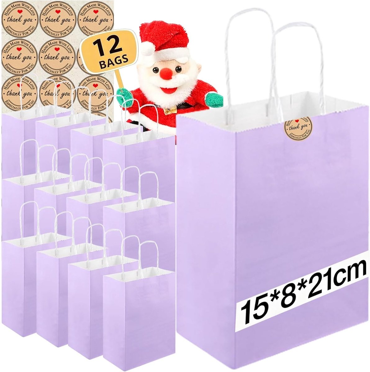Cadeauzakjes met handvat, kleine papieren zakken met stickers, 130 g/m² kraftpapieren zakken, feestzakjes voor - ShopVlot