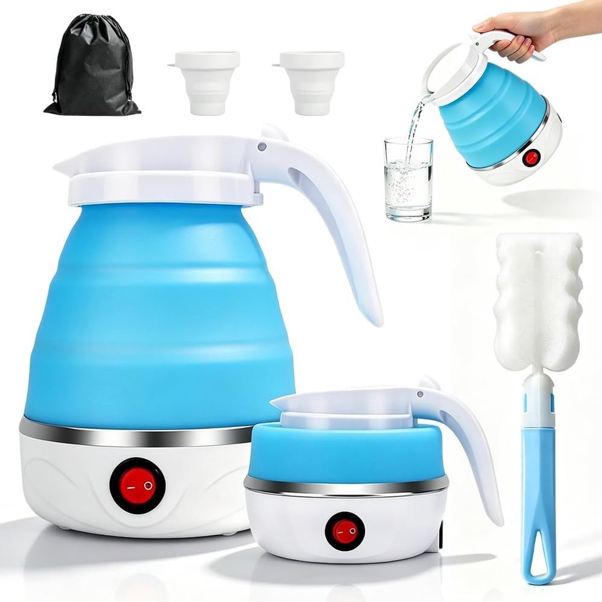 Opvouwbare Waterkoker Blauw 600 ml Siliconen met Roestvrijstalen Bodem Voor Kamperen en Reizen