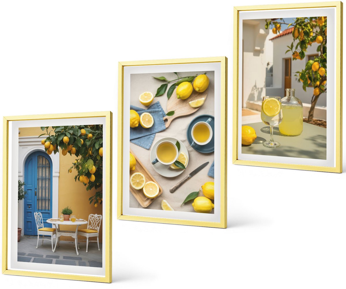 Coloray 3-Delige Schilderij Set - Sfeervolle Straatjes Met Citroenbomen En Uitzicht Op Zee. - 40 x 40 cm En 40 x 60 cm - Decoratieve Schilderijen - Wanddecoratie - Hal - Interieur Decoratie