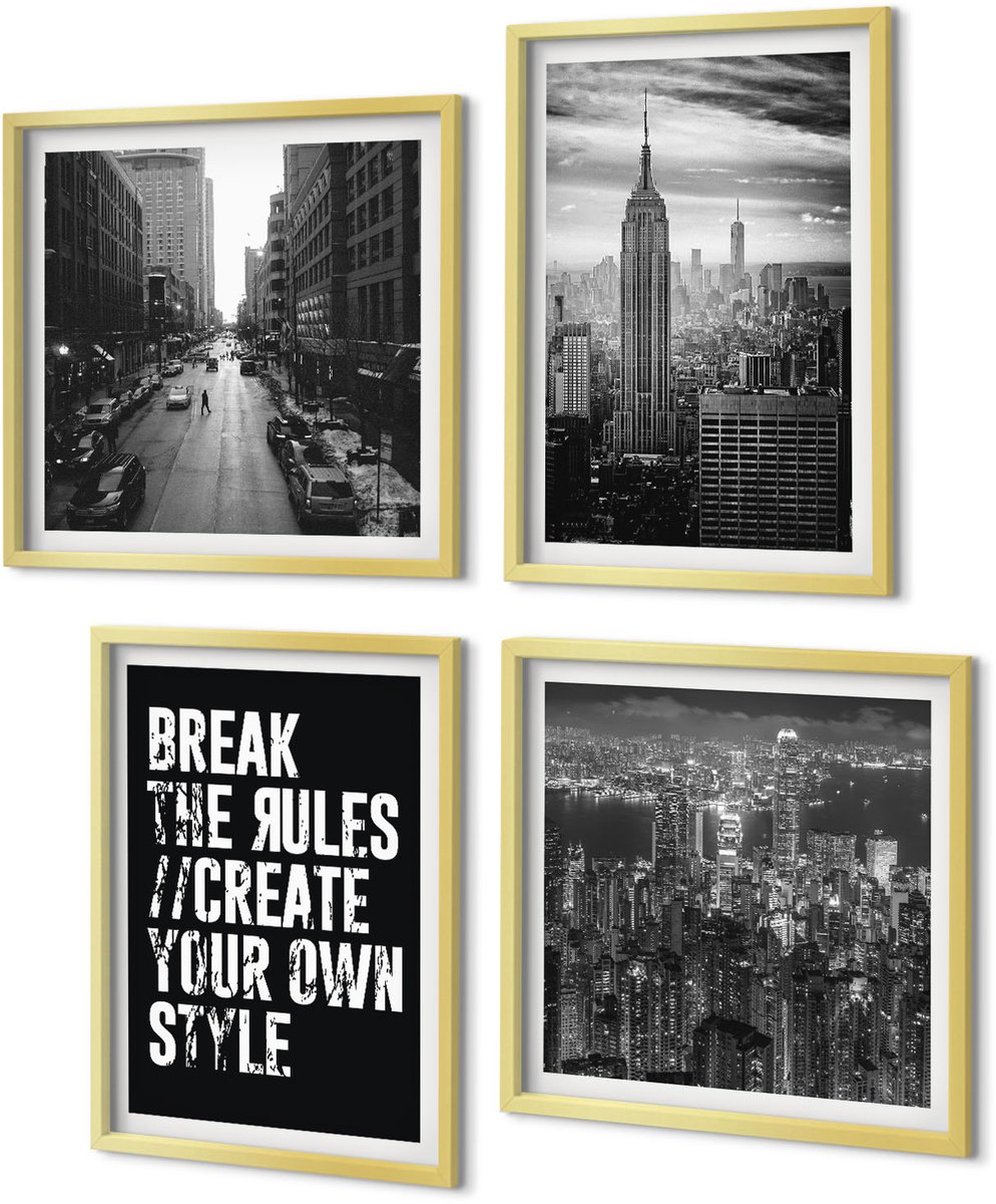 Coloray 4-Delige Schilderij Set - Stadsstraten in zwart-wit met inspirerende letters - 40 x 40 cm en 40 x 60 cm - Muurdecoratie - Schilderijen Set - Woonkamer - Woonkamer Decoratie