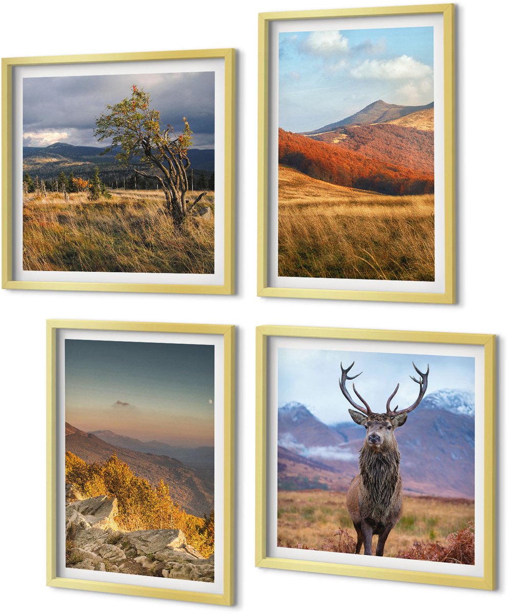 Coloray 4-Delige Schilderij Set - Berglandschappen Natuur Bergen Herten Grassen Open plekken - 40 x 40 cm en 40 x 60 cm - Decoratieve Schilderijen - Woonkamer - Interieur - Interieur Decoratie