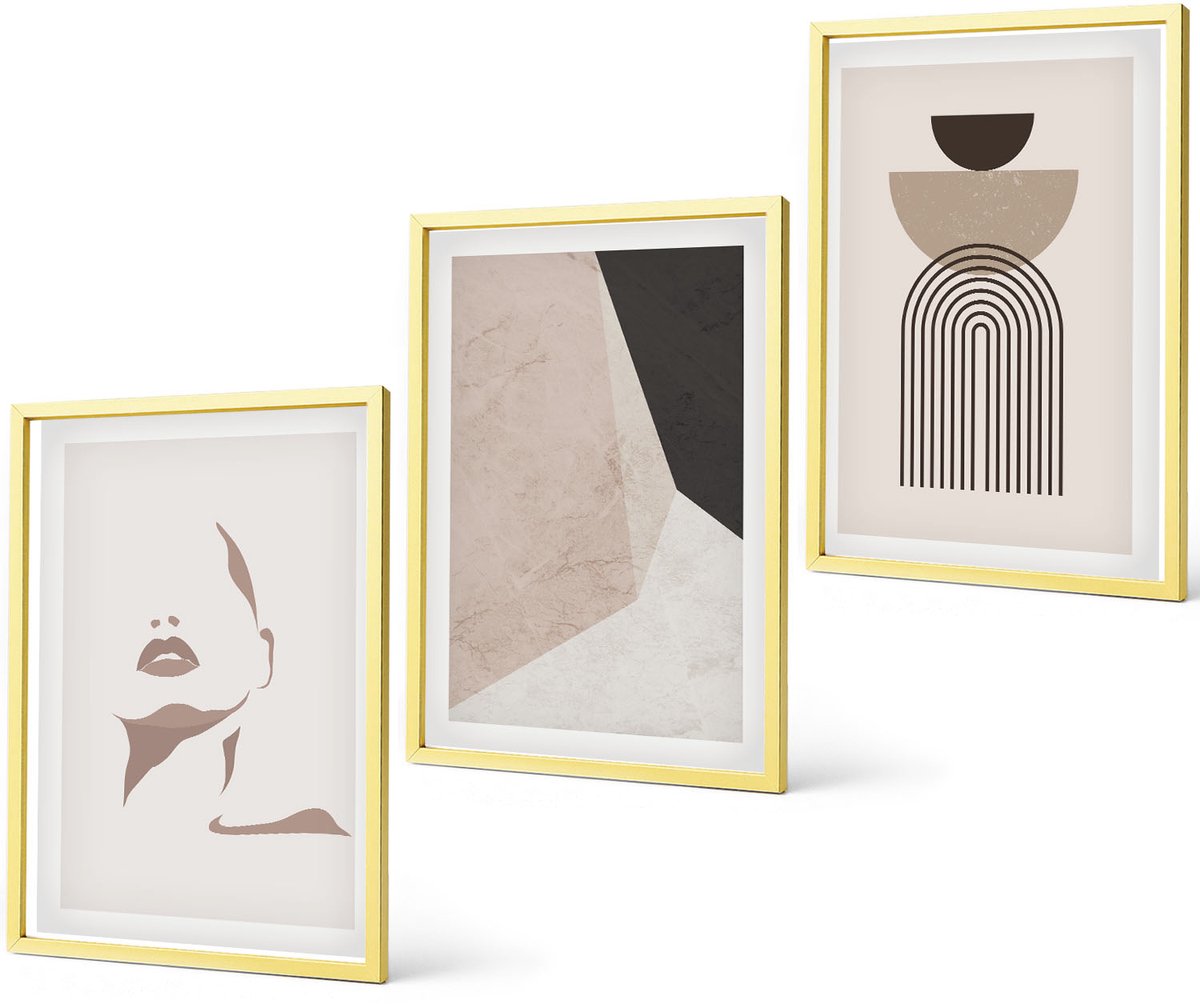 Coloray 3-Delige Schilderij Set - Abstracte Patronen In Tinten Wit En Bruin. - 40 x 40 cm En 40 x 60 cm - Decoratieve Muurdecoratie - Slaapkamer - Moderne Wanddecoratie
