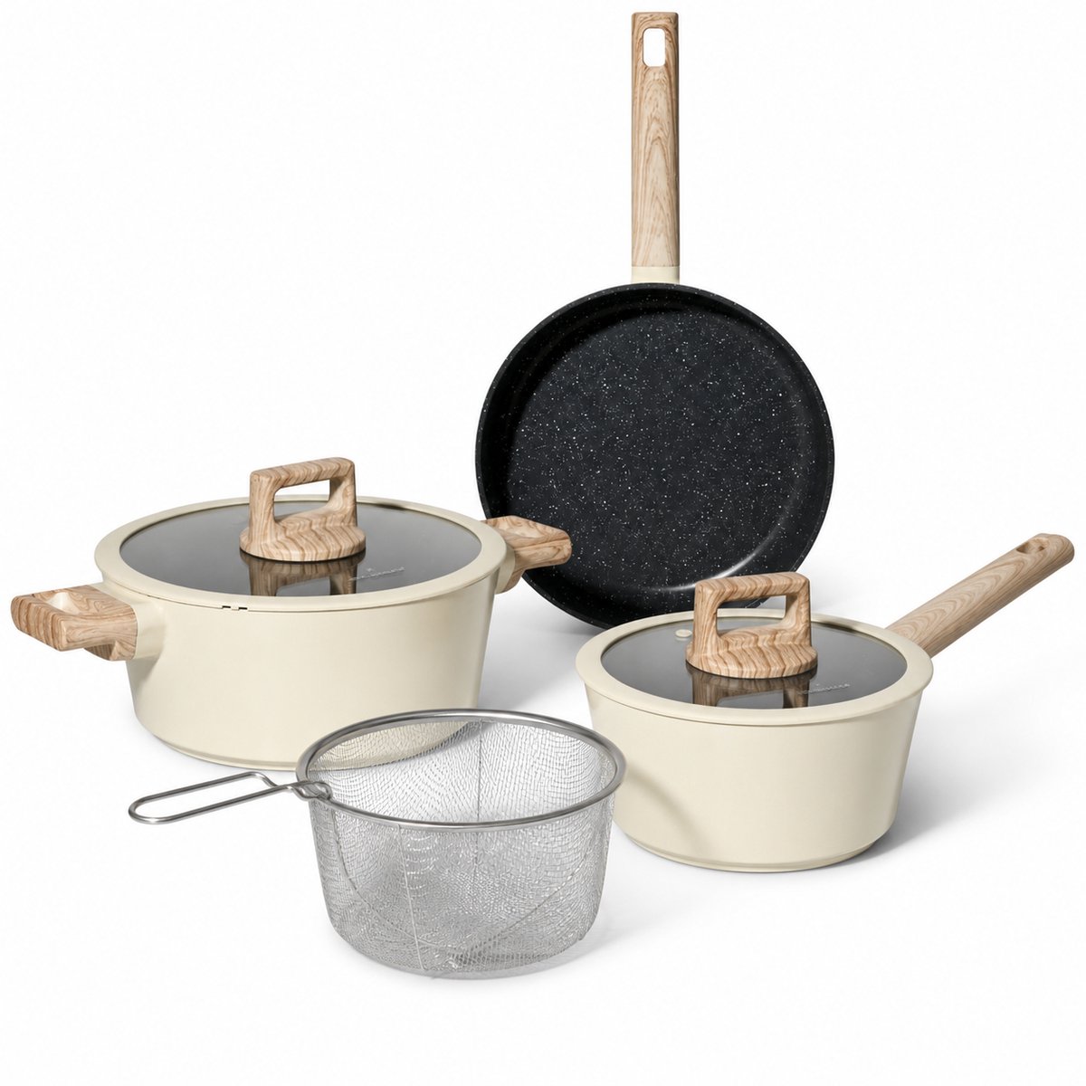 Pannenset Inductie 6-delig – Kookpan, Steelpan en Koekenpan – Antiaanbaklaag – Glazen Deksels en Frituurmand – Crème