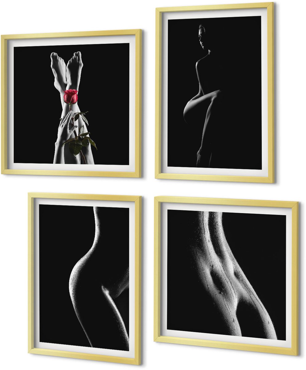 Coloray 4-Delige Schilderij Set - Erotische afbeeldingen van vrouwelijke silhouetten in zwart-wit - 40 x 40 cm en 40 x 60 cm - Decoratieve Muurdecoratie - Slaapkamer - Wanddecoratie