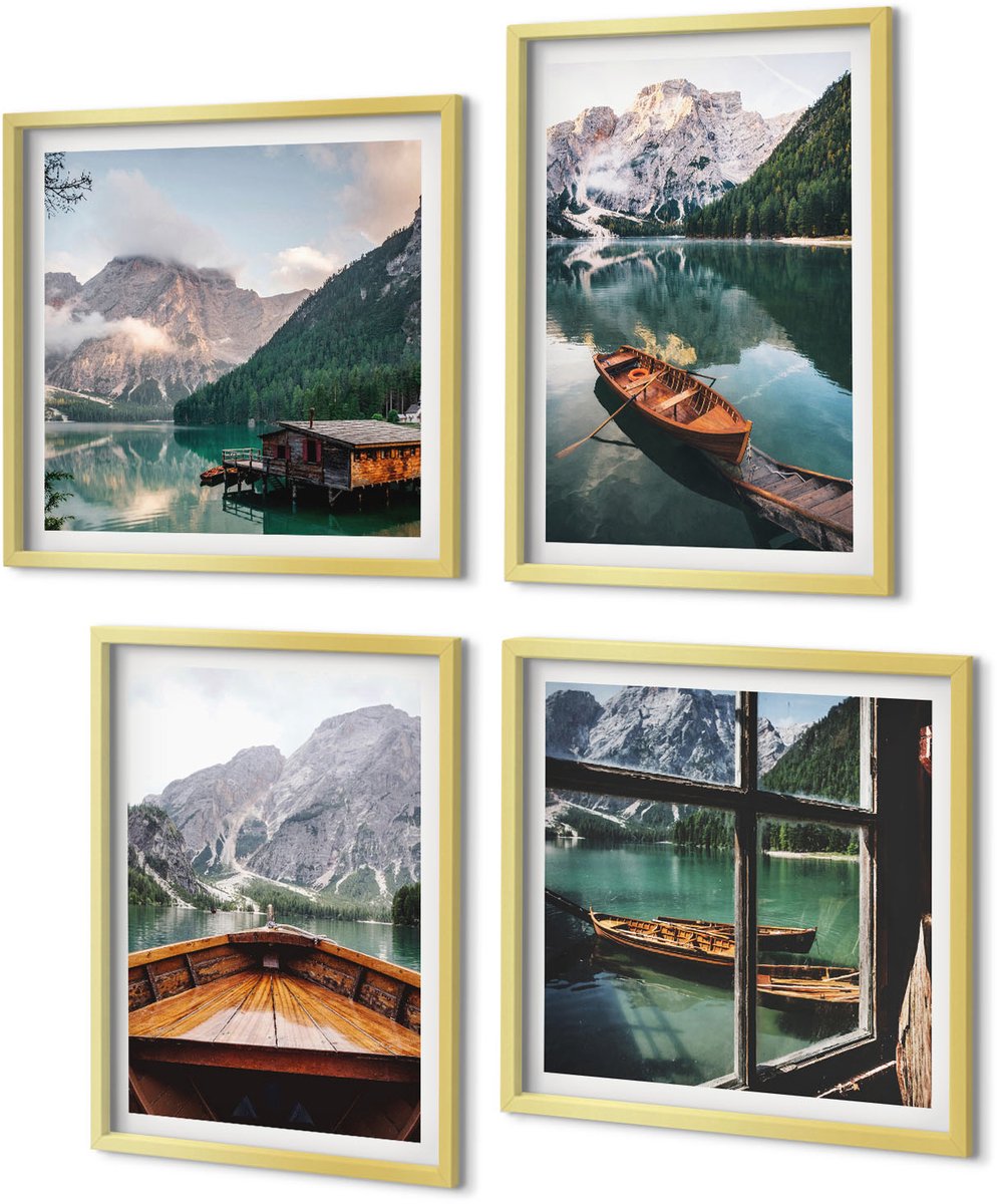 Coloray 4-Delige Schilderij Set - Uitzicht op een bergmeer met boten, een huisje en een raam. - 40 x 40 cm en 40 x 60 cm - Muurdecoratie - Interieur Decoratie