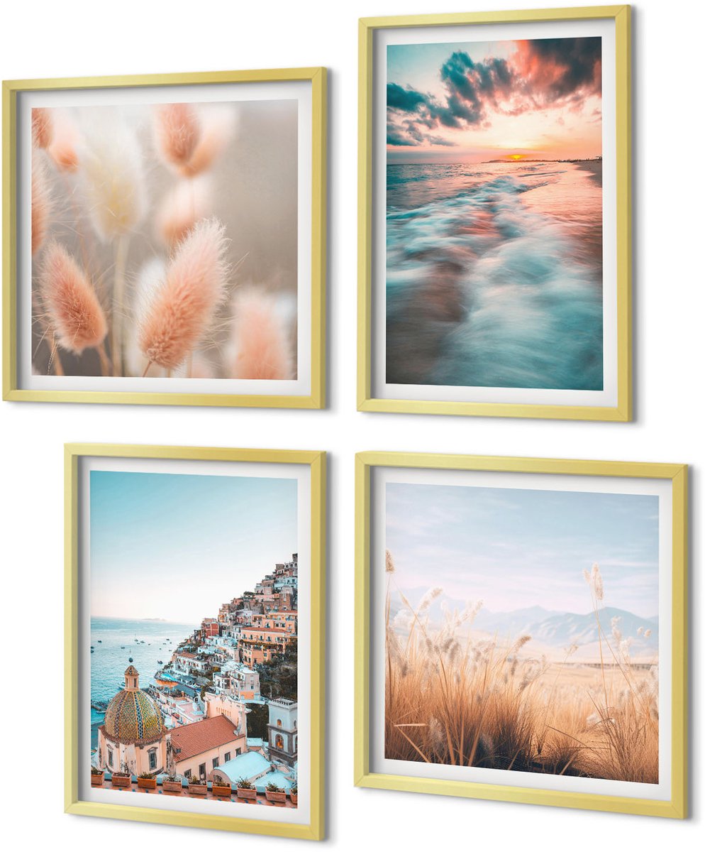Coloray 4-Delige Schilderij Set - Uitzicht op zee, zonsondergang, kleurrijke huizen, bloemen - 40 x 40 cm en 40 x 60 cm - Wanddecoratie - Schilderijen Set - Interieur - Stijlvolle Muurdecoratie