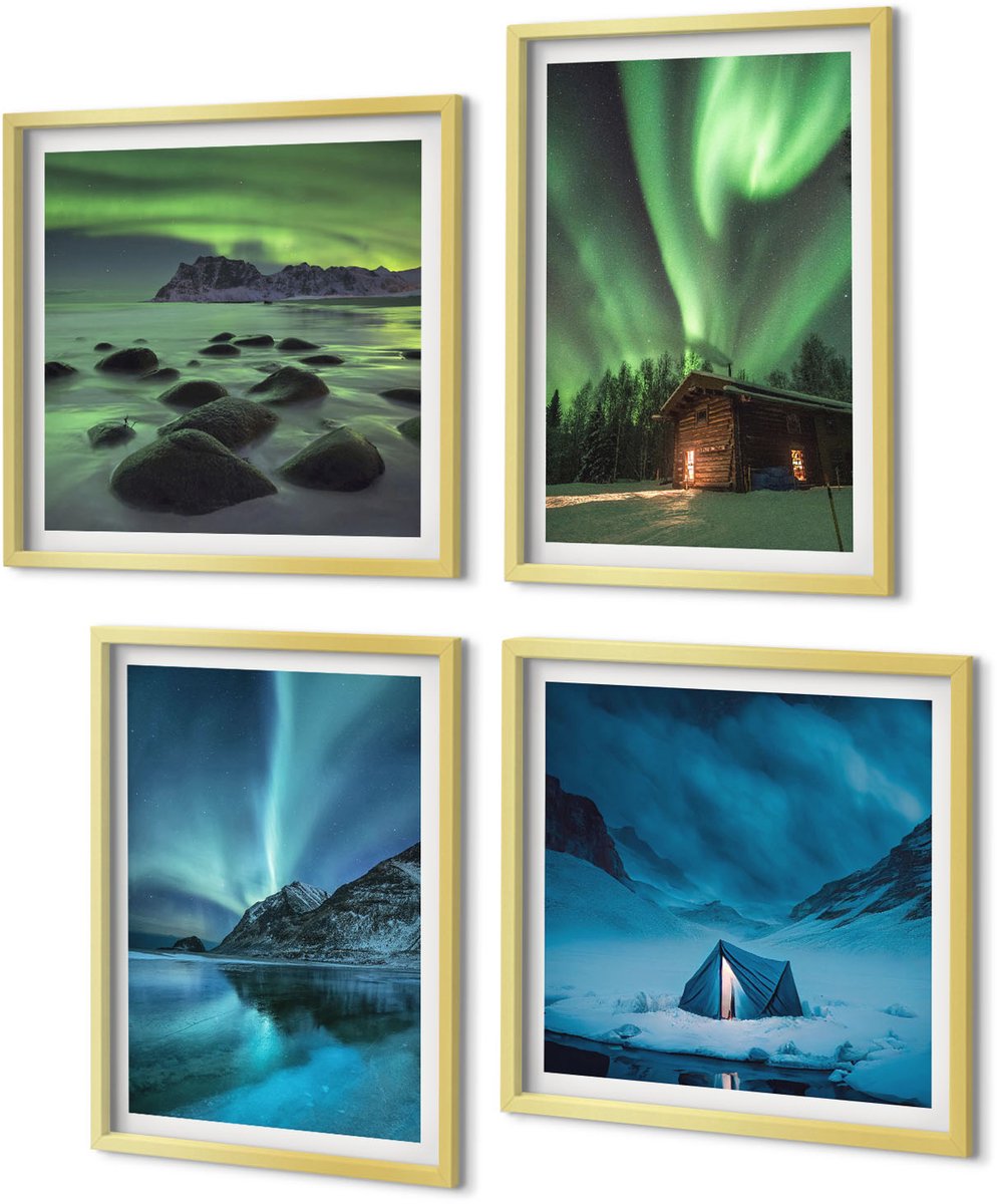 Coloray 4-Delige Schilderij Set - Winterlandschappen met het noorderlicht boven de bergen - 40 x 40 cm en 40 x 60 cm - Stijlvolle Wanddecoratie - Interieur - Muurdecoratie