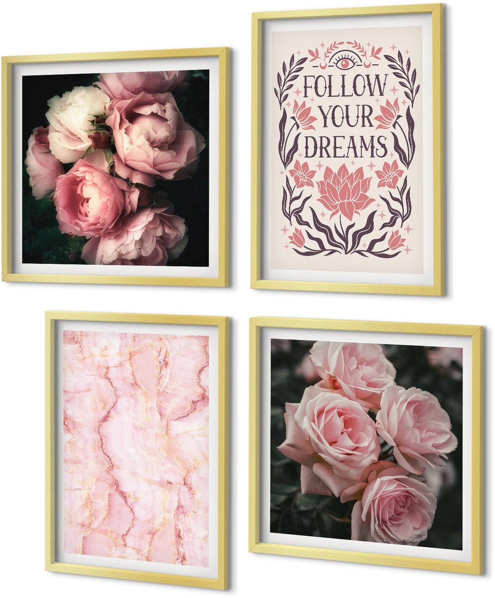 Coloray 4-Delige Schilderij Set - Vintage rozen marmeren inscriptie over dromen - 40 x 40 cm en 40 x 60 cm - Muurdecoratie - Interieur Decoratie