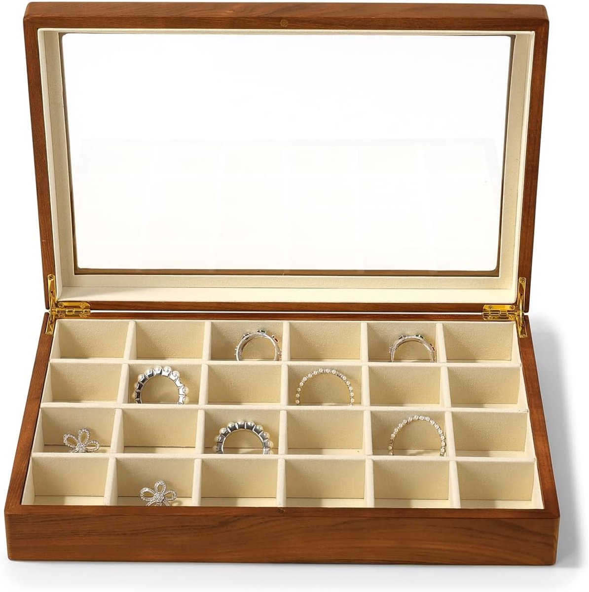 Oirlv Solid Wood Jewellery Box with 24 Grids with Glass Lid, Large Vintage Jewellery Organiser, Display Tray, Drinking - ShopVlot