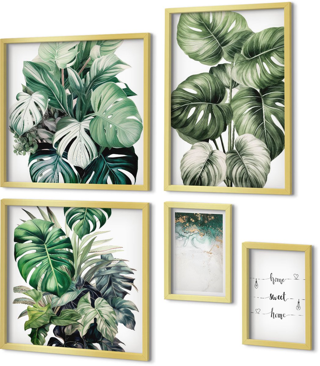 Coloray 5-Delige Schilderij Set - Planteninspiratie In Een Moderne En Minimalistische Stijl - 50 x 50 cm, 20 x 30 cm En 40 x 60 cm - Schilderijen Set - Wanddecoratie - Woonkamer - Decoratieve Schilderijen