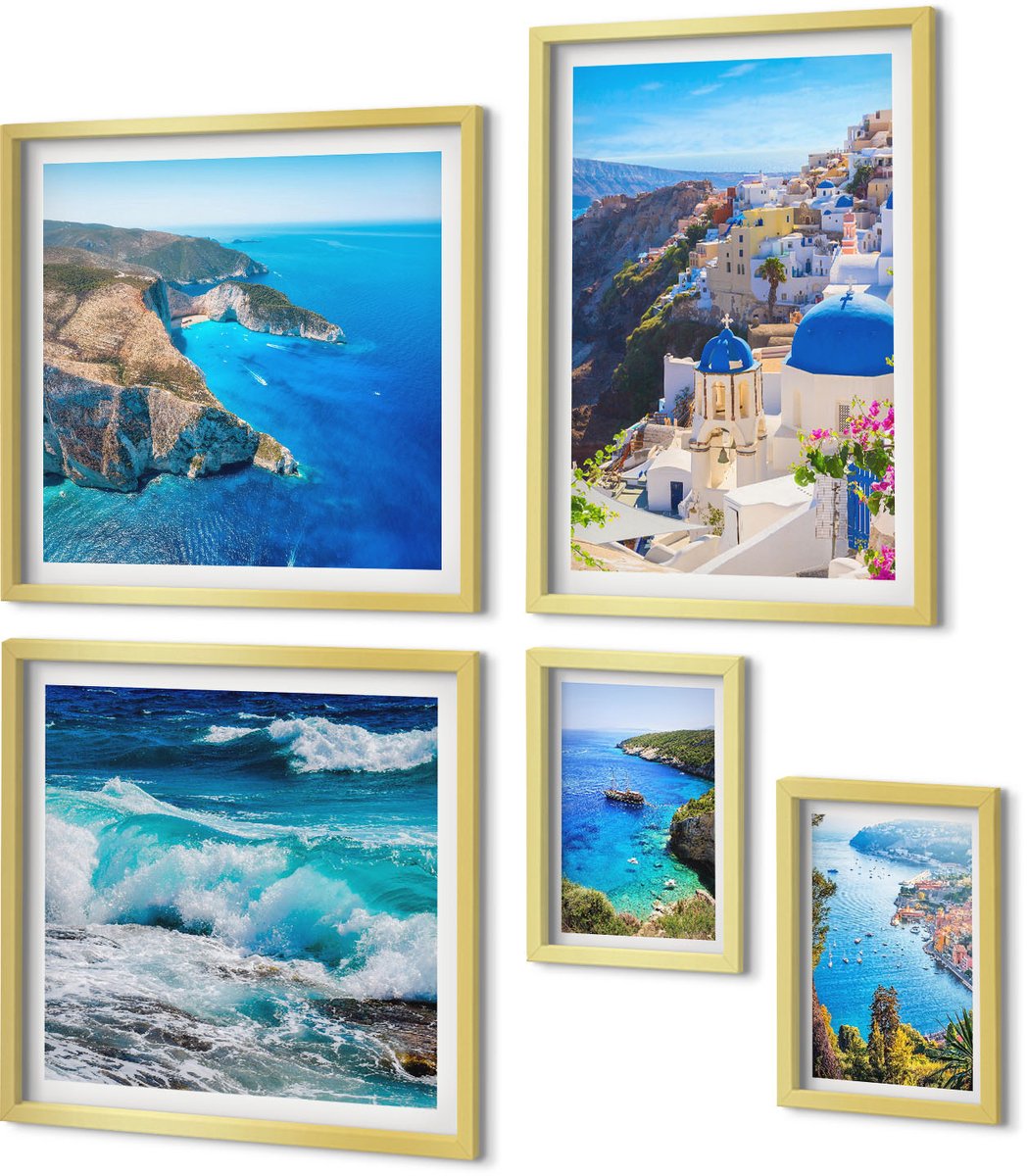 Coloray 5-Delige Schilderij Set - Landschappen Van De Egeïsche Zee Met Pittoreske Uitzichten - 50 x 50 cm, 20 x 30 cm En 40 x 60 cm - Muurdecoratie - Wanddecoratie - Hal - Woonkamer Decoratie