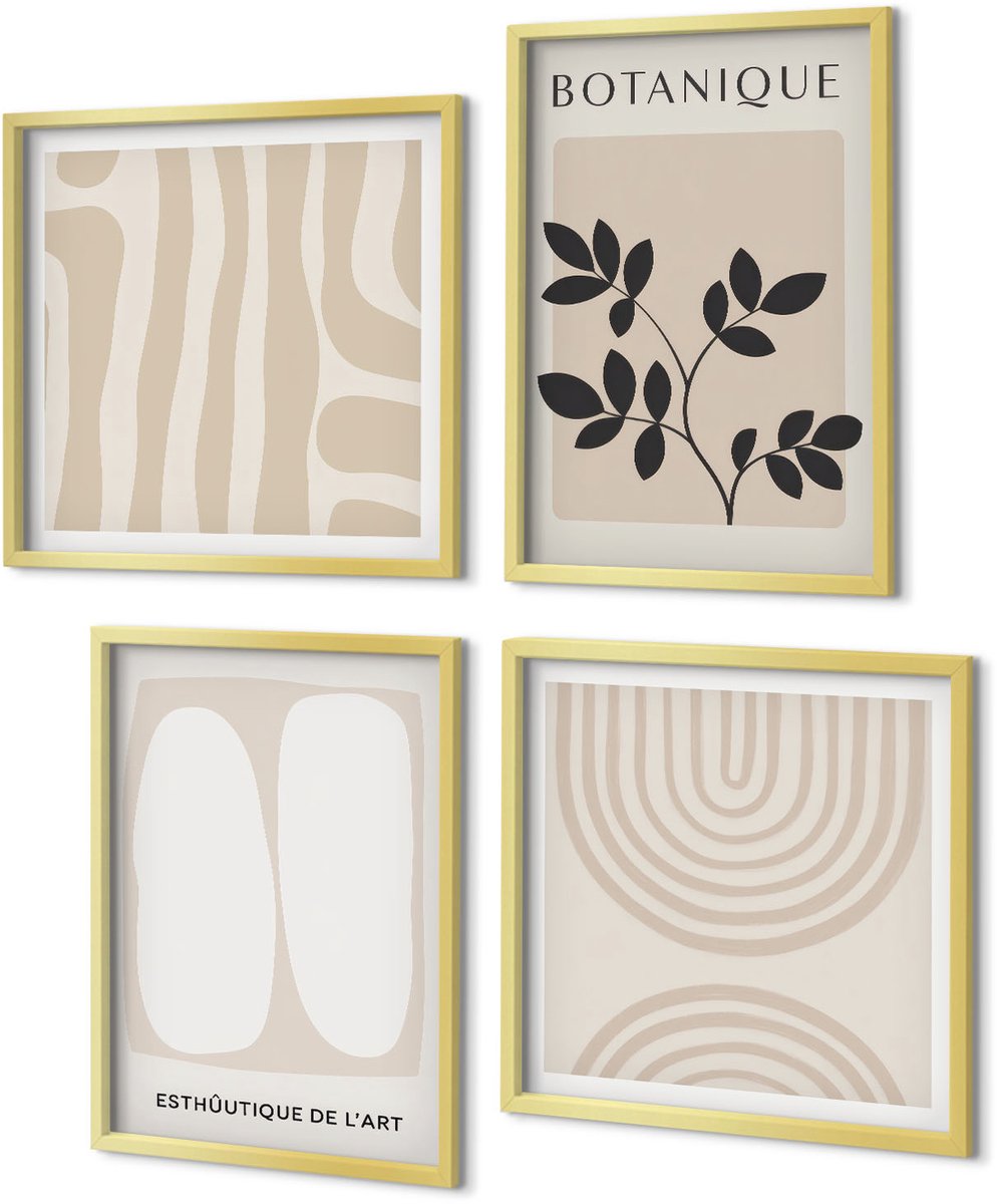 Coloray 4-Delige Schilderij Set - Boho Delicate Posters Abstracte Plantenmotieven - 40 x 40 cm en 40 x 60 cm - Wanddecoratie - Schilderijen Set - Kantoor - Muurdecoratie