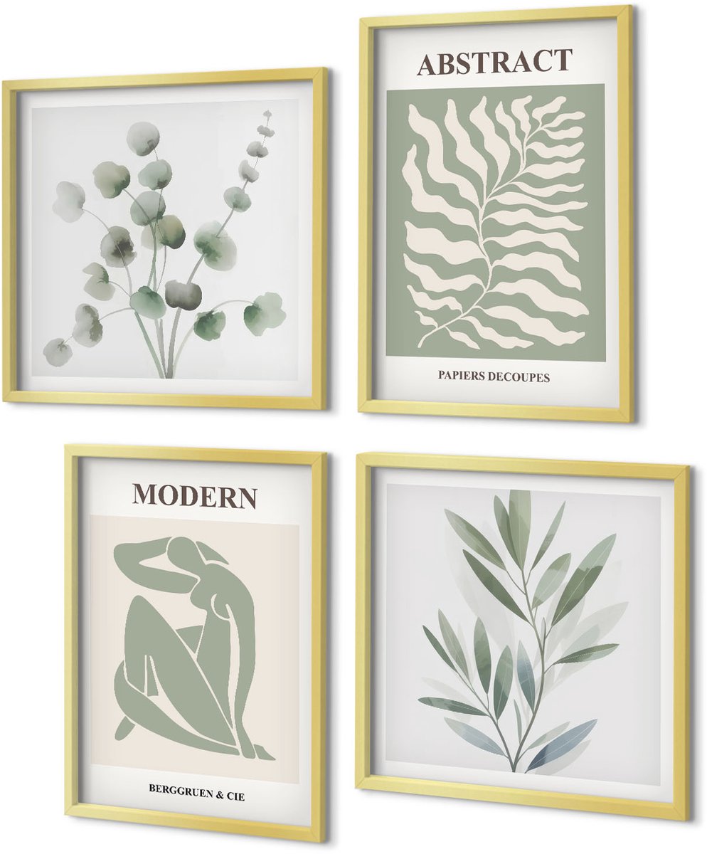 Coloray 4-Delige Schilderij Set - Matisse Design Aquarel Boho Planten - 40 x 40 cm en 40 x 60 cm - Muurdecoratie - Wanddecoratie - Hal
