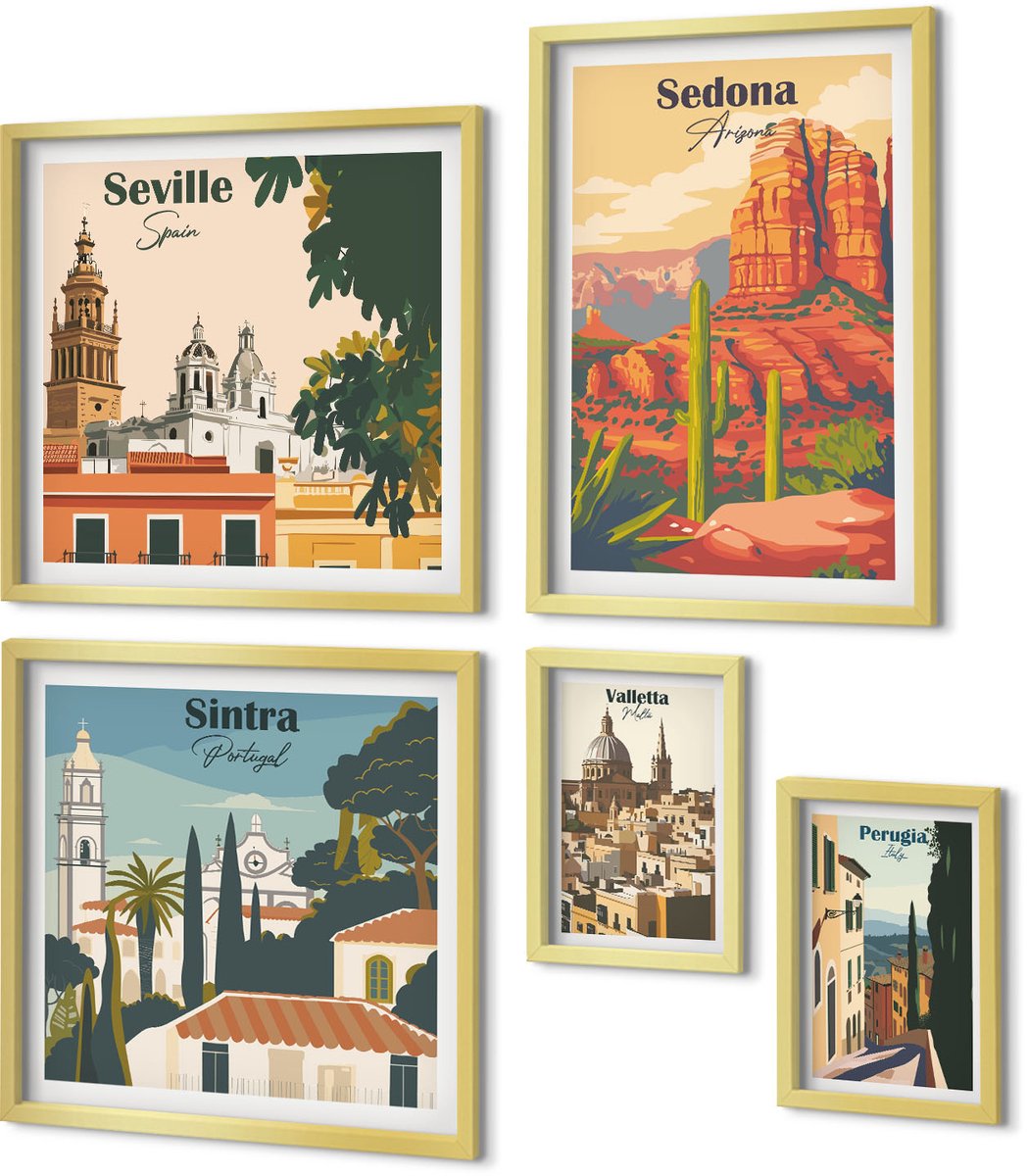 Coloray 5-Delige Schilderij Set - Toeristische Landschappen Uit Diverse Steden Over De Hele Wereld - 50 x 50 cm, 20 x 30 cm En 40 x 60 cm - Stijlvolle Wanddecoratie - Interieur - Decoratieve Schilderijen