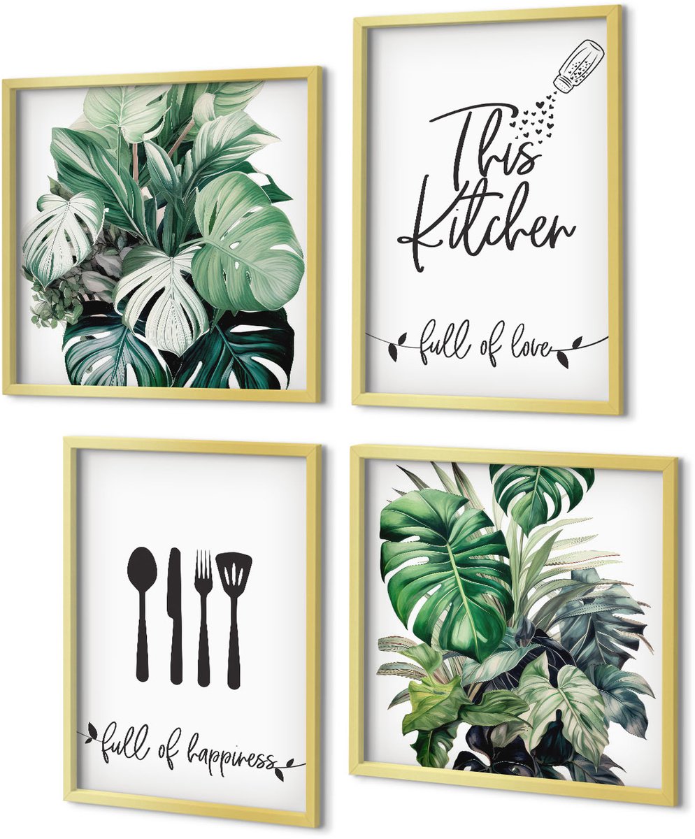 Coloray 4-Delige Schilderij Set - Patronen van keukengerei: plantenbladeren - 40 x 40 cm en 40 x 60 cm - Muurdecoratie - Decoratieve Schilderijen - Wohnzimmer - Stijlvolle Muurdecoratie