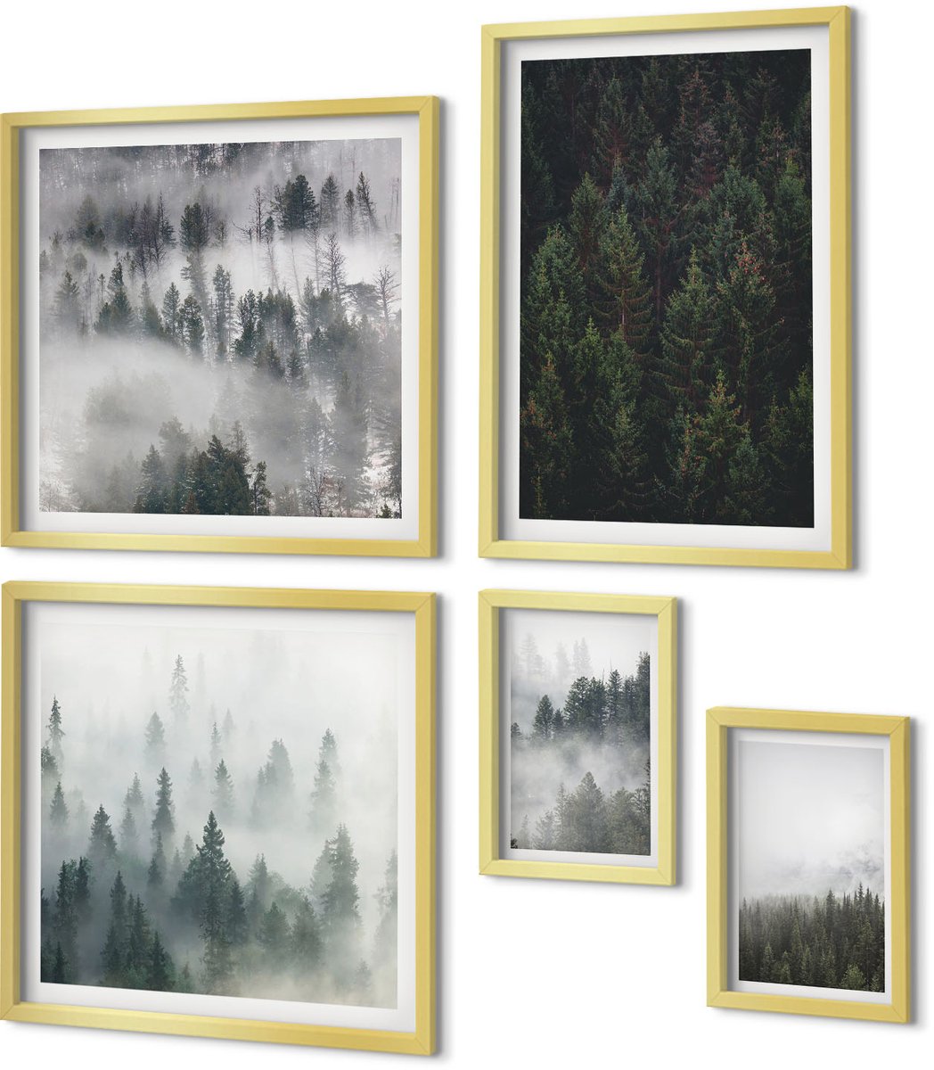 Coloray 5-Delige Schilderij Set - Groene Bossen, Mistige Landschappen, Natuurlijke Uitzichten. - 50 x 50 cm, 20 x 30 cm En 40 x 60 cm - Wanddecoratie - Schilderijen Set - Kantoor
