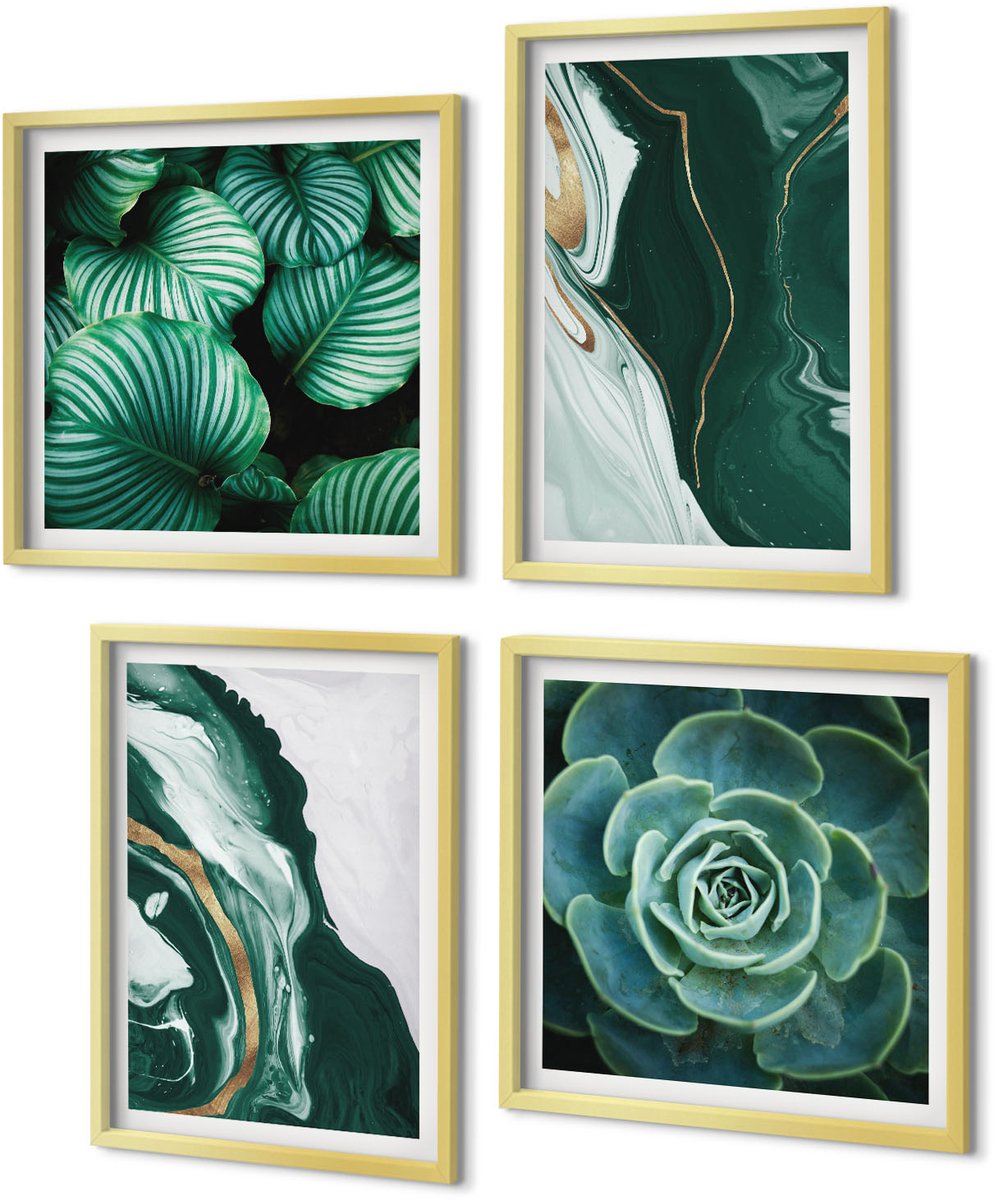 Coloray 4-Delige Schilderij Set - Abstracte verfpatronen: bladeren, planten, vetplanten - 40 x 40 cm en 40 x 60 cm - Wanddecoratie - Muurdecoratie - Moderne Interieurdecoratie - Stijlvolle Muurdecoratie