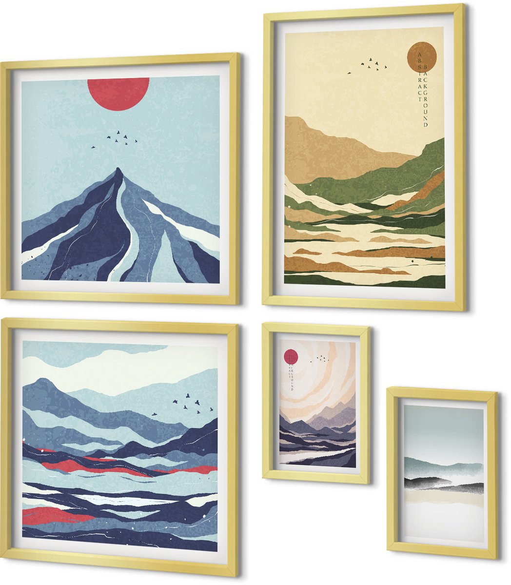 Coloray 5-Delige Schilderij Set - Berglandschappen Met Minimalistische Natuurmotieven - 50 x 50 cm, 20 x 30 cm En 40 x 60 cm - Muurdecoratie - Wanddecoratie - Hal - Moderne Wanddecoratie
