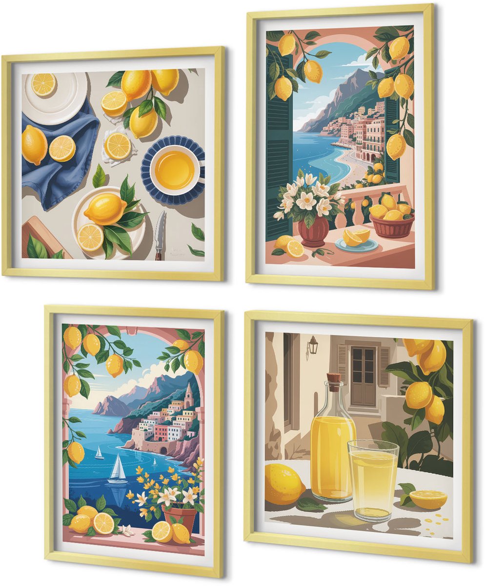 Coloray 4-Delige Schilderij Set - Zeezichtraam met Italiaanse citroenen - 40 x 40 cm en 40 x 60 cm - Muurdecoratie - Interieur Decoratie - Moderne Wanddecoratie