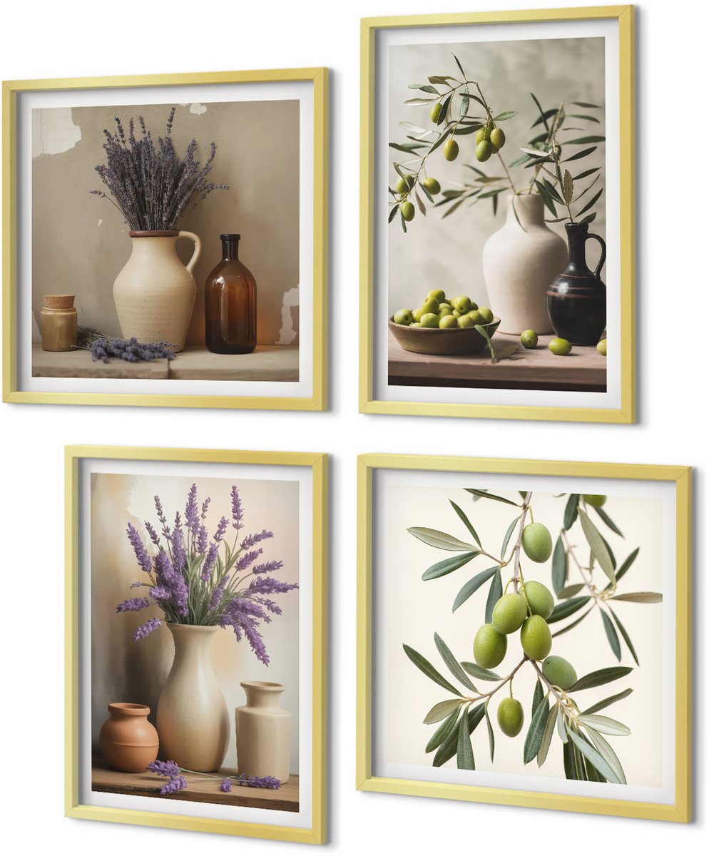 Coloray 4-Delige Schilderij Set - Bloemen in vazen, olijven en natuurlijke decoraties. - 40 x 40 cm en 40 x 60 cm - Muurdecoratie - Schilderijen Set - Woonkamer - Wanddecoratie