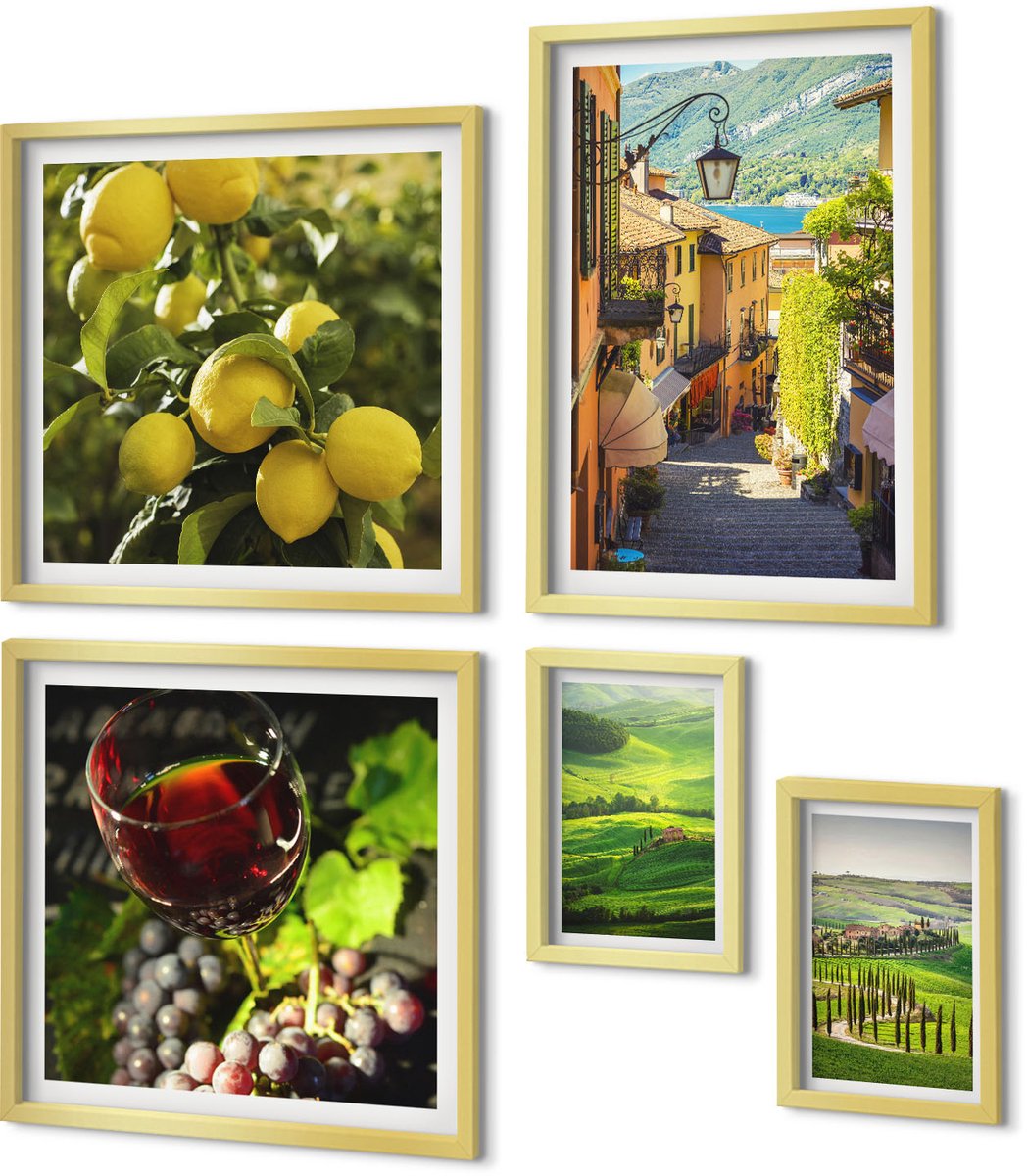 Coloray 5-Delige Schilderij Set - De Charmante Landschappen Van Het Italiaanse Toscane Met Wijnranken En Citroenbomen. - 50 x 50 cm, 20 x 30 cm En 40 x 60 cm - Stijlvolle Muurdecoratie - Slaapkamer - Decoratieve Schilderijen