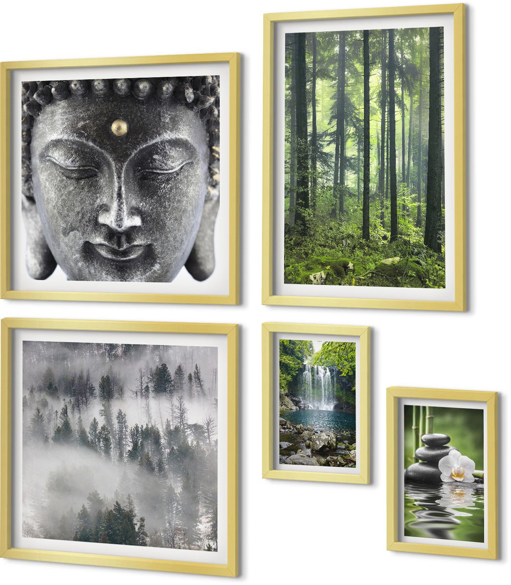 Coloray 5-Delige Schilderij Set - Rustgevende Natuurthema'S Met Zen-Elementen En Watervallen - 50 x 50 cm, 20 x 30 cm En 40 x 60 cm - Muurdecoratie - Wanddecoratie - Hal - Interieur Decoratie