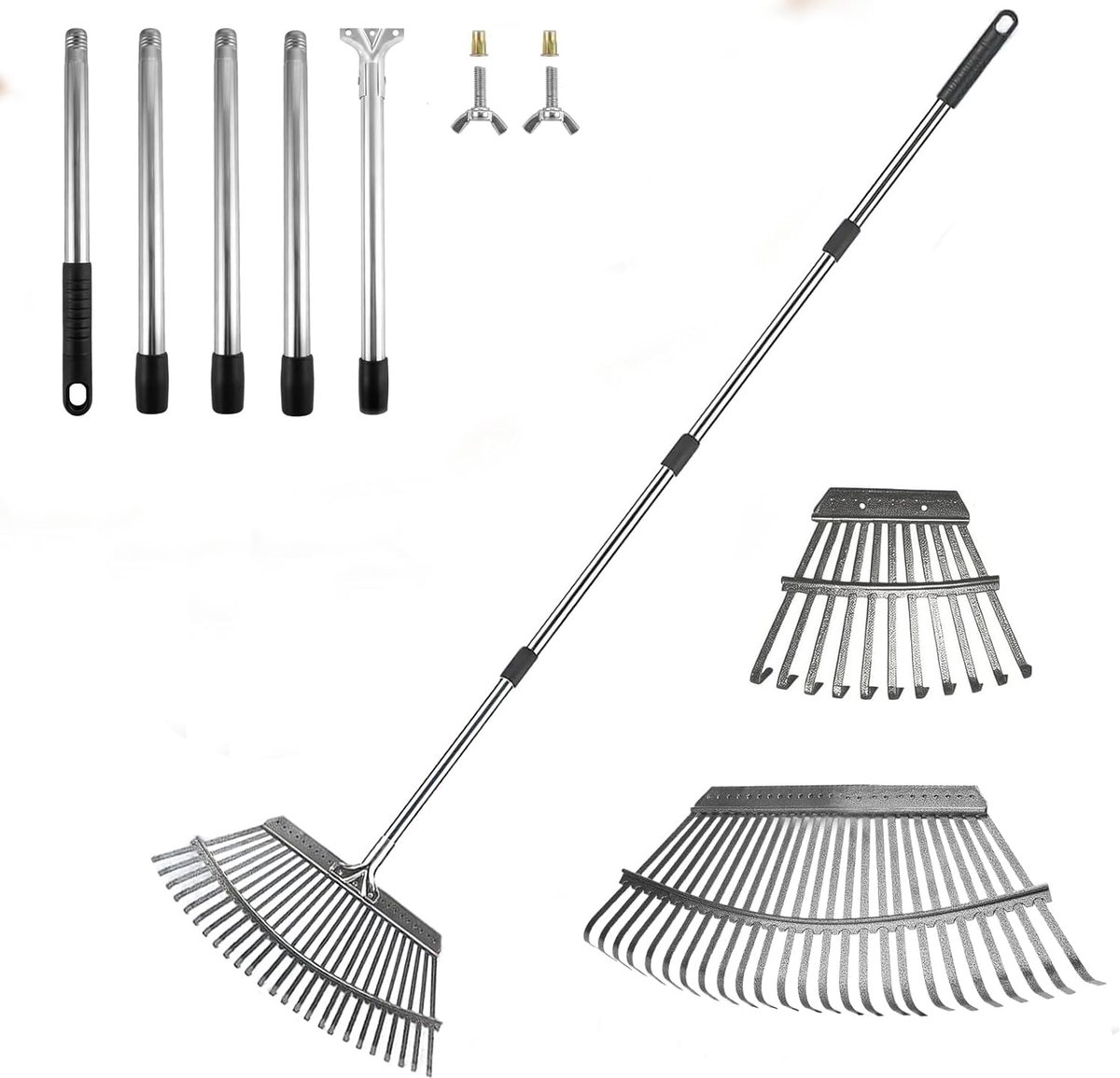 Tuinhark, bladhark met 25 + 11 tanden, verstelbare steel (90-190 cm), verstelbare lange steel hark voor gazons - ShopVlot