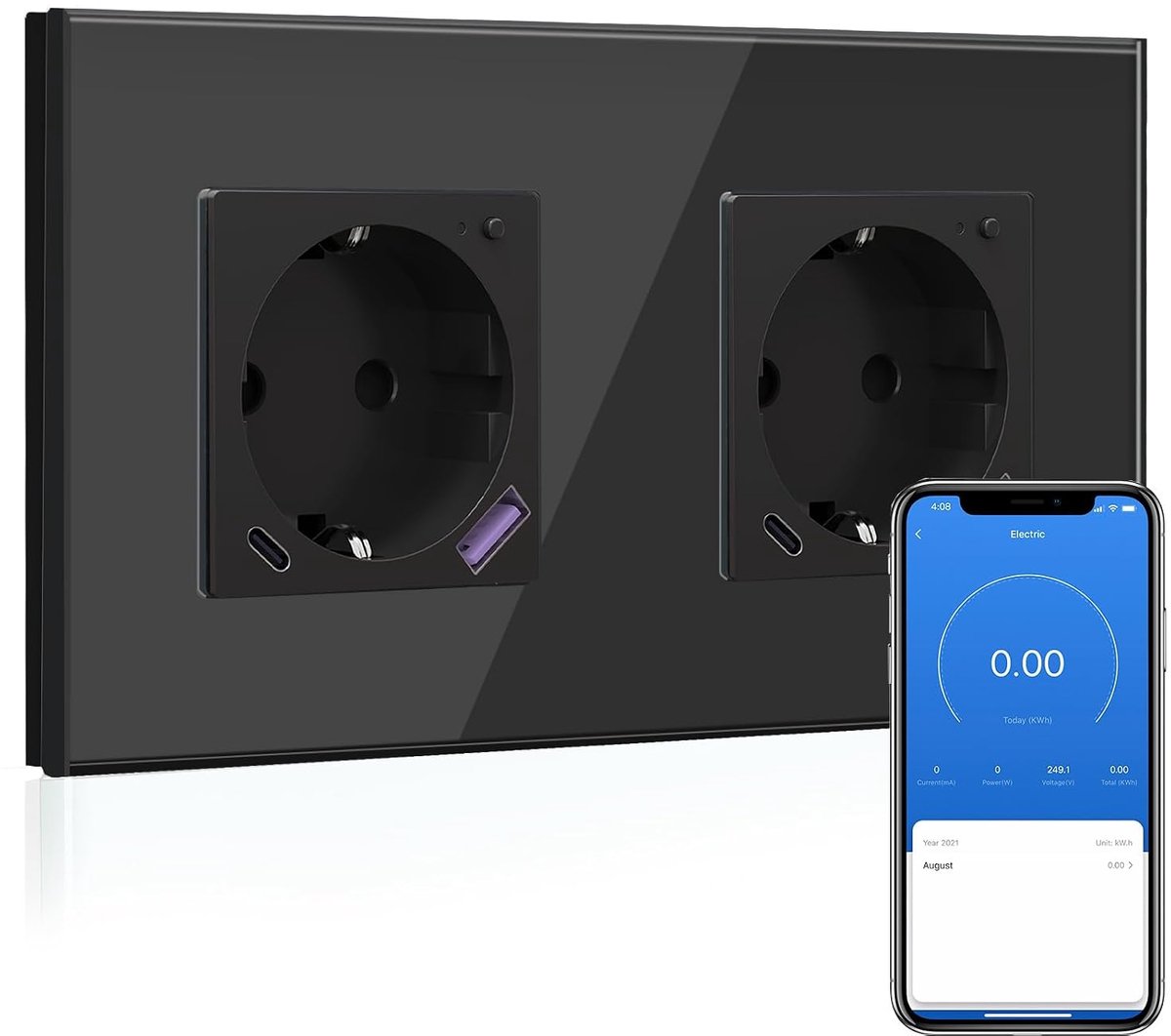 BSEED Wifi Schuko Double Socket with USB C 20W Quick Charger, Smart Wifi Flush-Mount Socket for Alexa/Google Home - ShopVlot