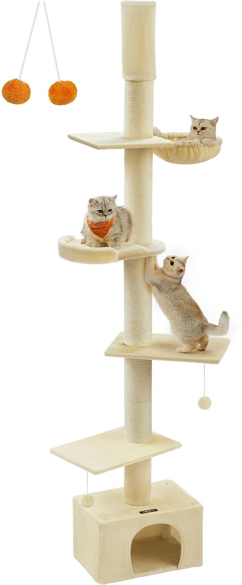 Famanu – Krabpaal van vloer tot plafond voor katten, kattentoren met een hoogte van 231-291 cm, ideaal voor actieve katten