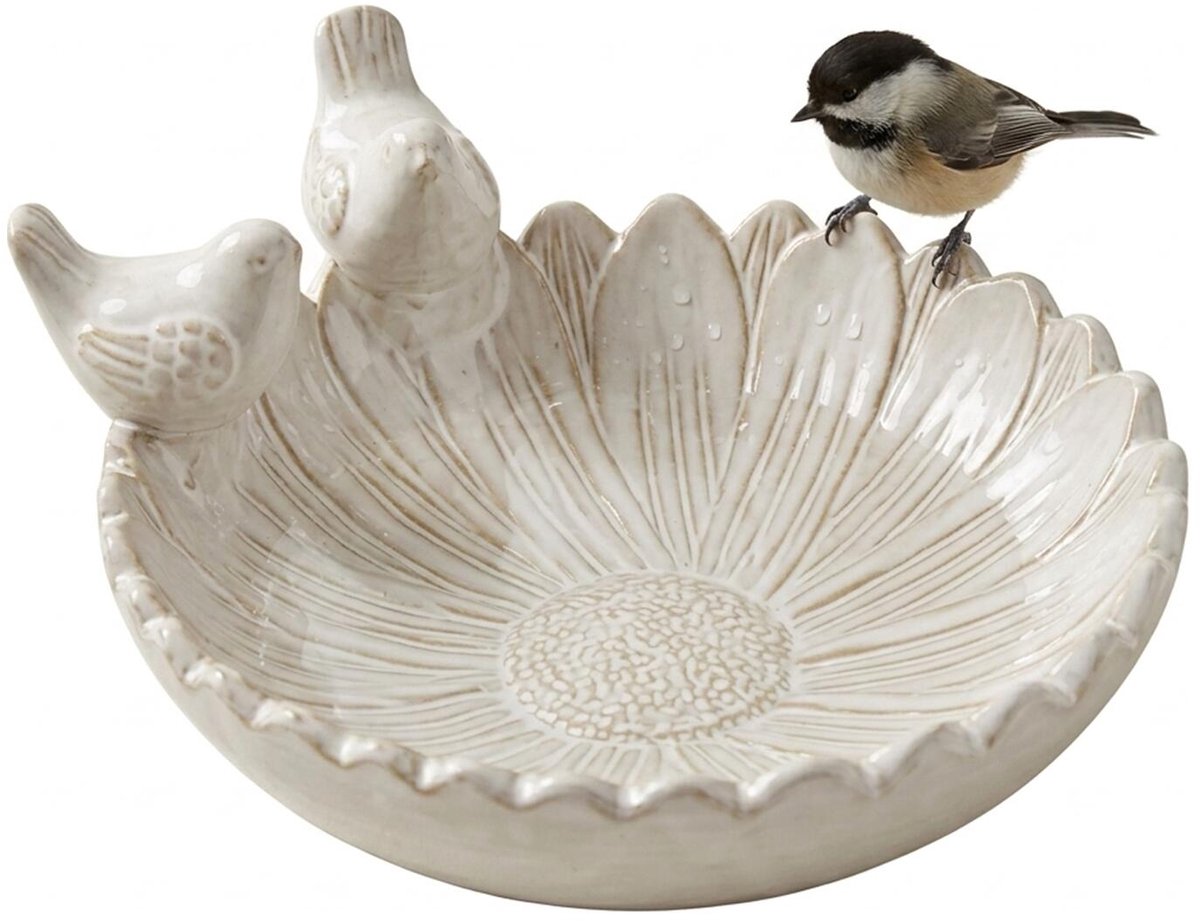 Mega Collections Vogelbad / voederschaal - wit - keramiek - 26 x 11 cm - drinkschaal voor tuinvogels