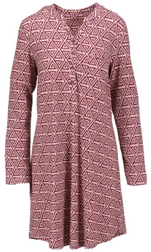 Dames nachthemd met lange mouwen, een all-over driehoekspatroon in bordeauxrood en roze, met knoopsluiting aan de voorzijde.