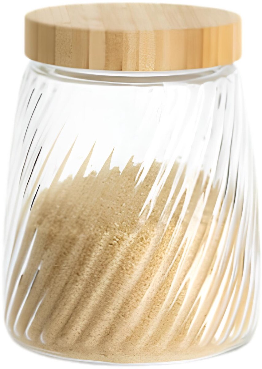 Voorraadpot Food Essentials Ventura - keuken - ribbel glas / bamboe - 1.3 liter - luchtdichte draaideksel - bewaarpotten - opslagpotten