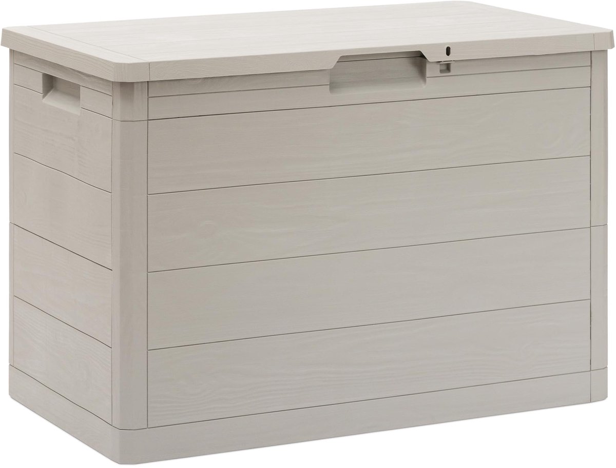 Famanu – Multibox gereedschapskist van 160 liter, robuust kunststof met houtlook, taupe en grijs, voor buitengebruik