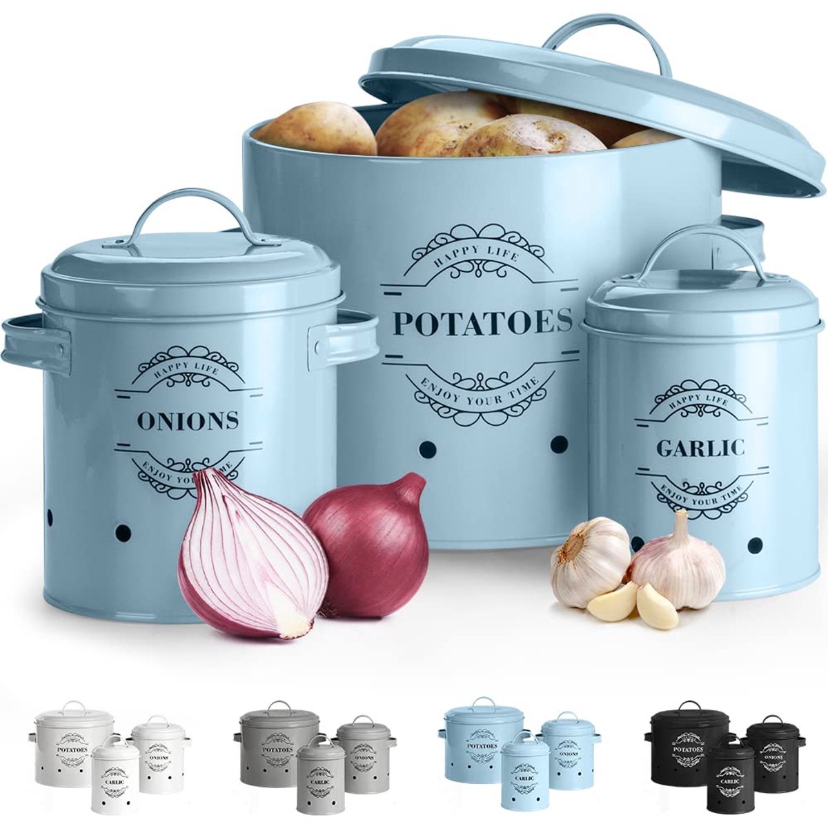 Famanu – Set van 3 Voorraadpotten voor Aardappelen, Uien en Knoflook - Geèmailleerd Metalen Opbergbakken met Ventilatiegaten,Keuken Organizer (Lichtblauw