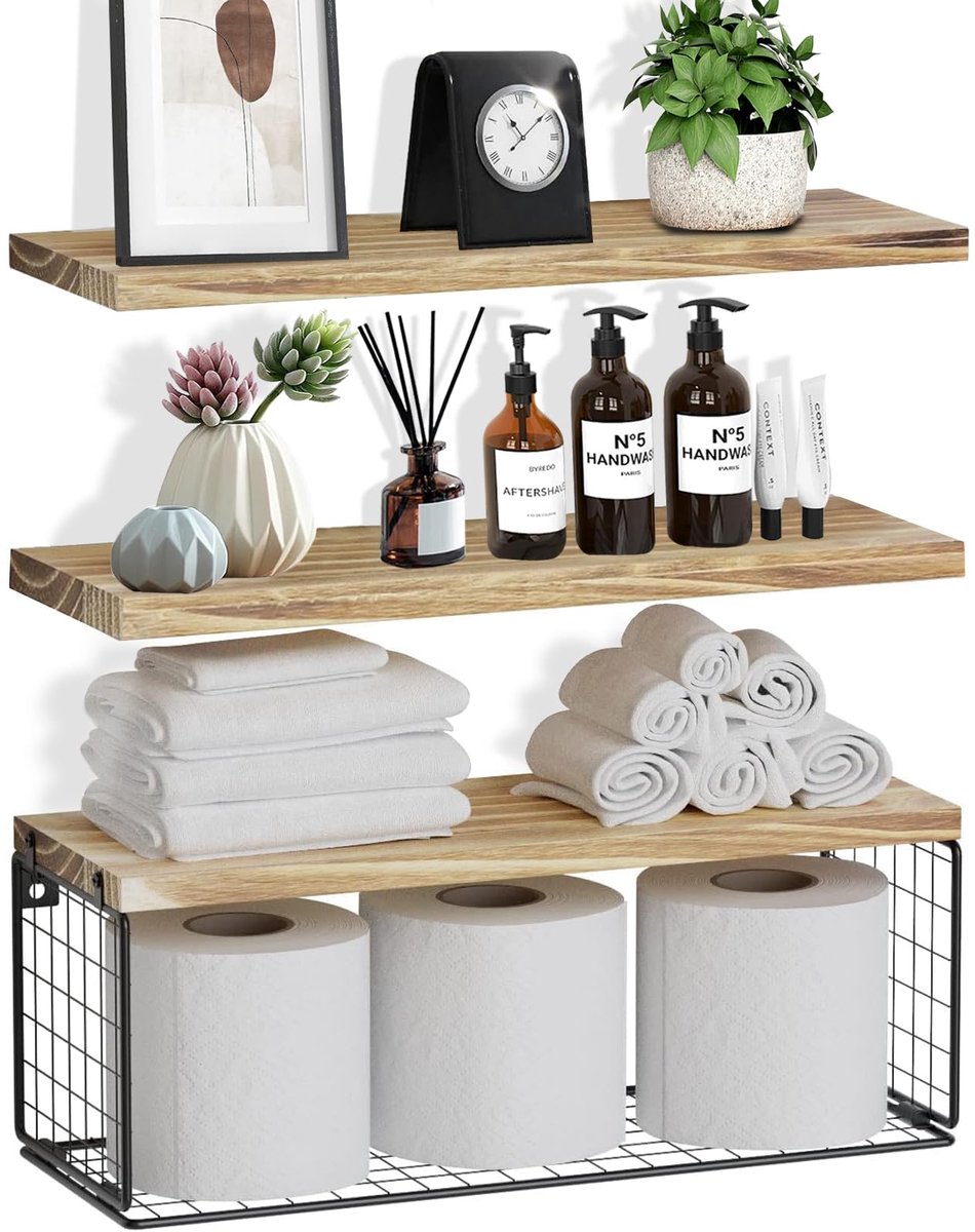 Famanu – Zwevende planken, rustieke wandplanken voor de muur, badkamerplanken boven het toilet, keukenplanken met draadopbergmand