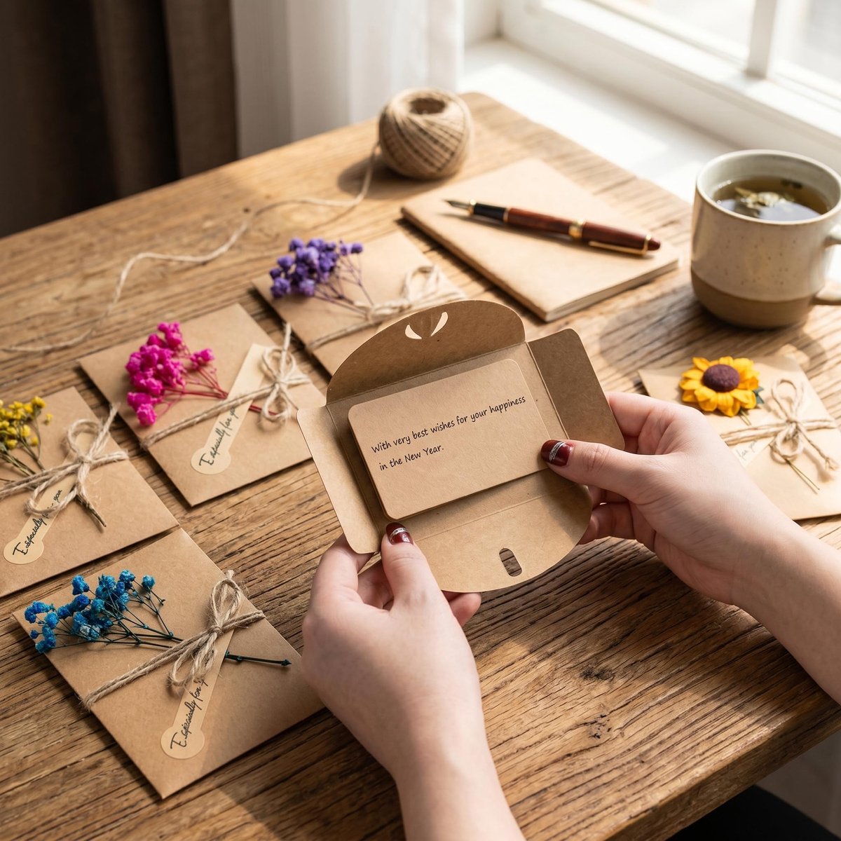 Wenskaarten set 10 stuks 7x10 cm - gedroogde bloemen - kraftpapier - handgemaakt voor persoonlijke berichten - ShopVlot