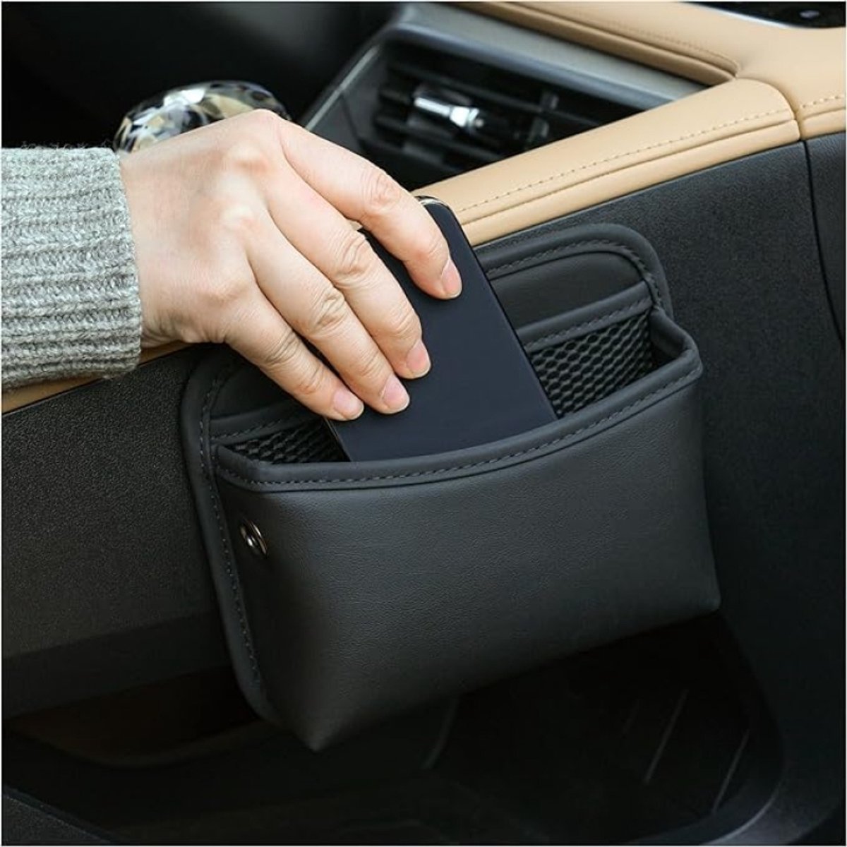 Universele Auto Zijvakorganizer van PU-leer - Autotas met telefoonhouder en klittenband - Opbergoplossing voor autostoel en deurconsole - Huis Geluk