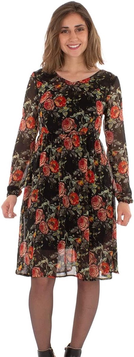 Korte winterjurk M - zwart met rozenprint - stijlvol en comfortabel - perfect voor elke gelegenheid - ShopVlot